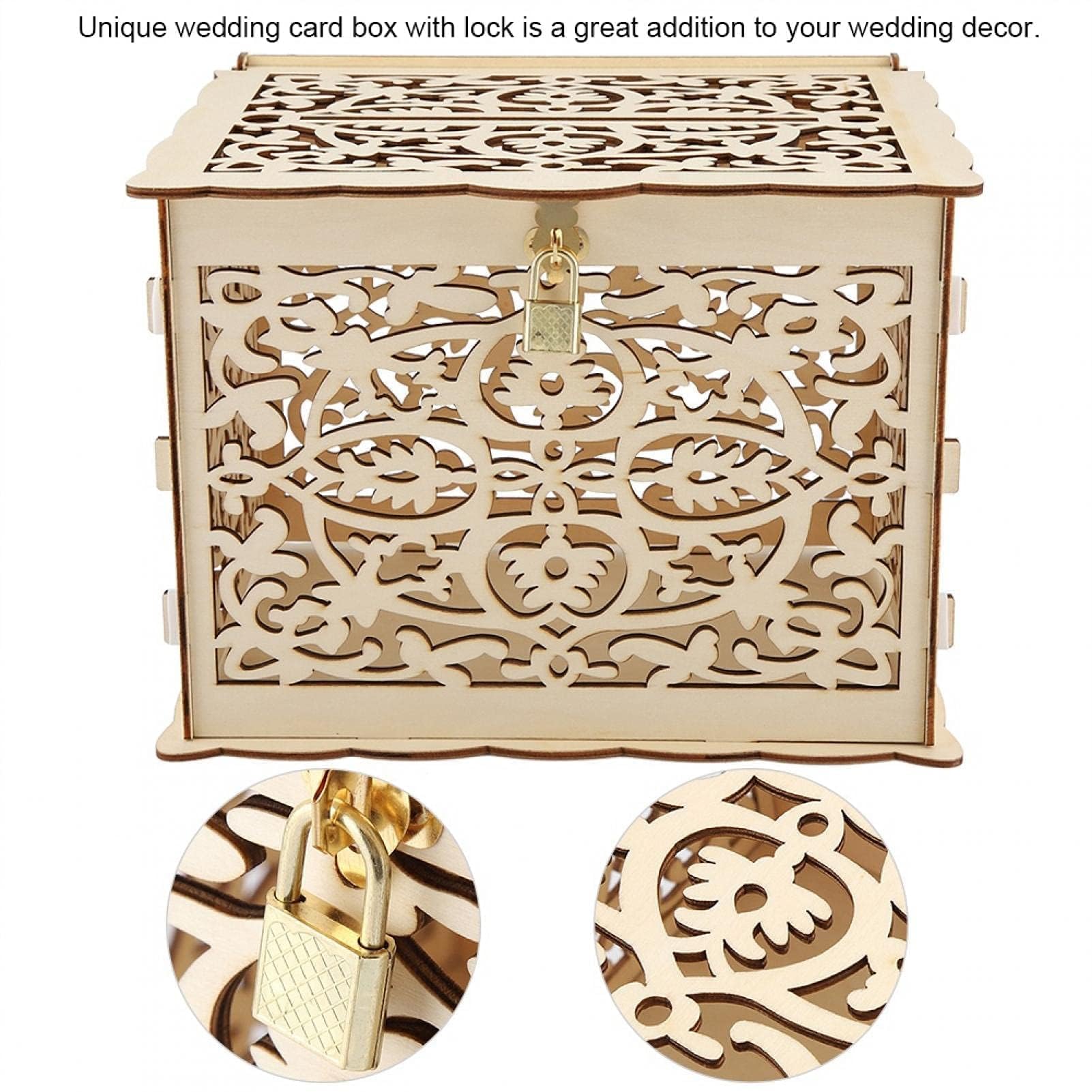 HERCHR Porta Buste di Carte di Nozze in Legno con Coperchio e Serratura, Porta Buste per Ricevimento Matrimonio Anniversario con Serratura