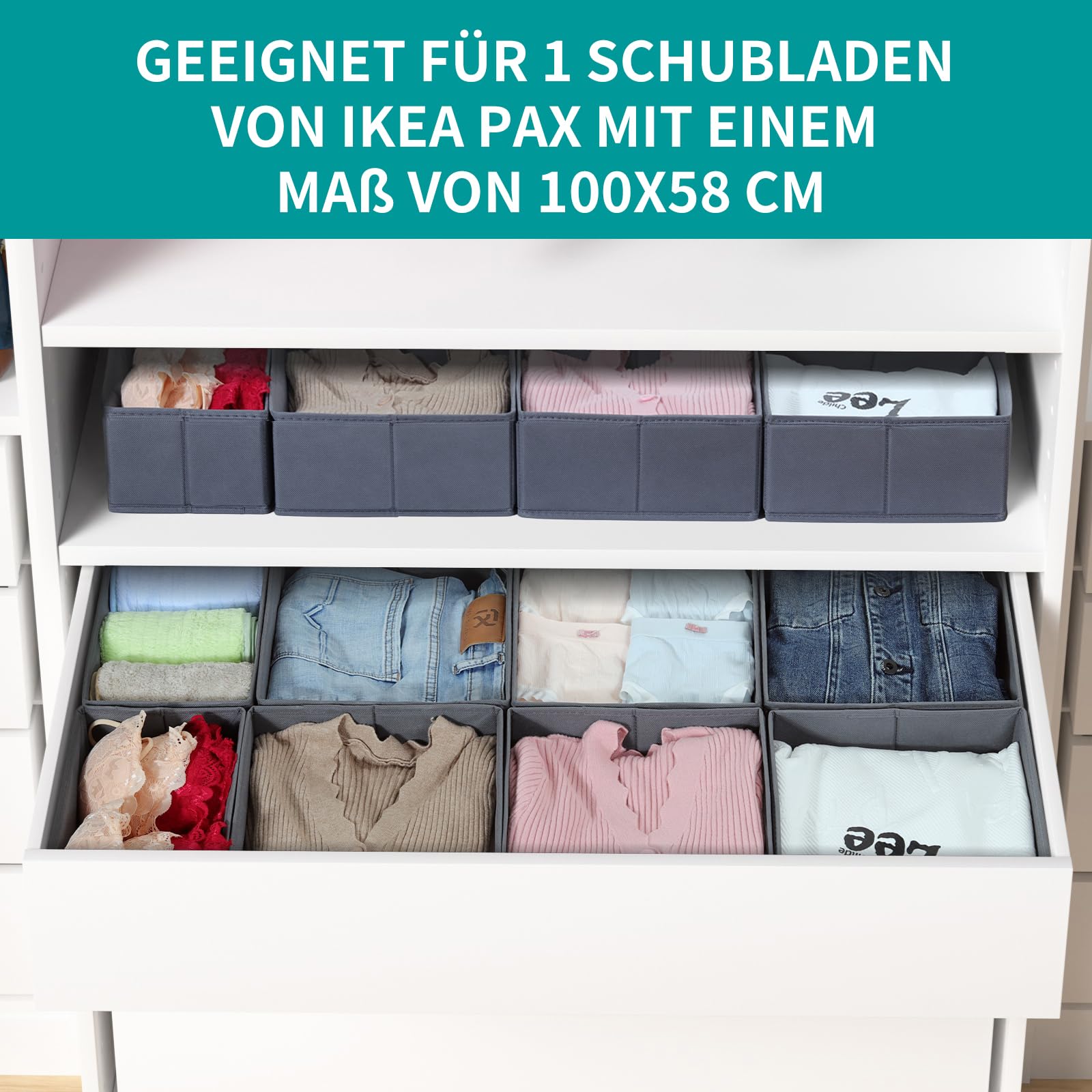 ORLISA Drawer Organiser Clothes Compatible with PAX Wardrobe 100 x 58 cm Sturdy Base, Foldable, & Robust, Set of 8, Grey - Image 3