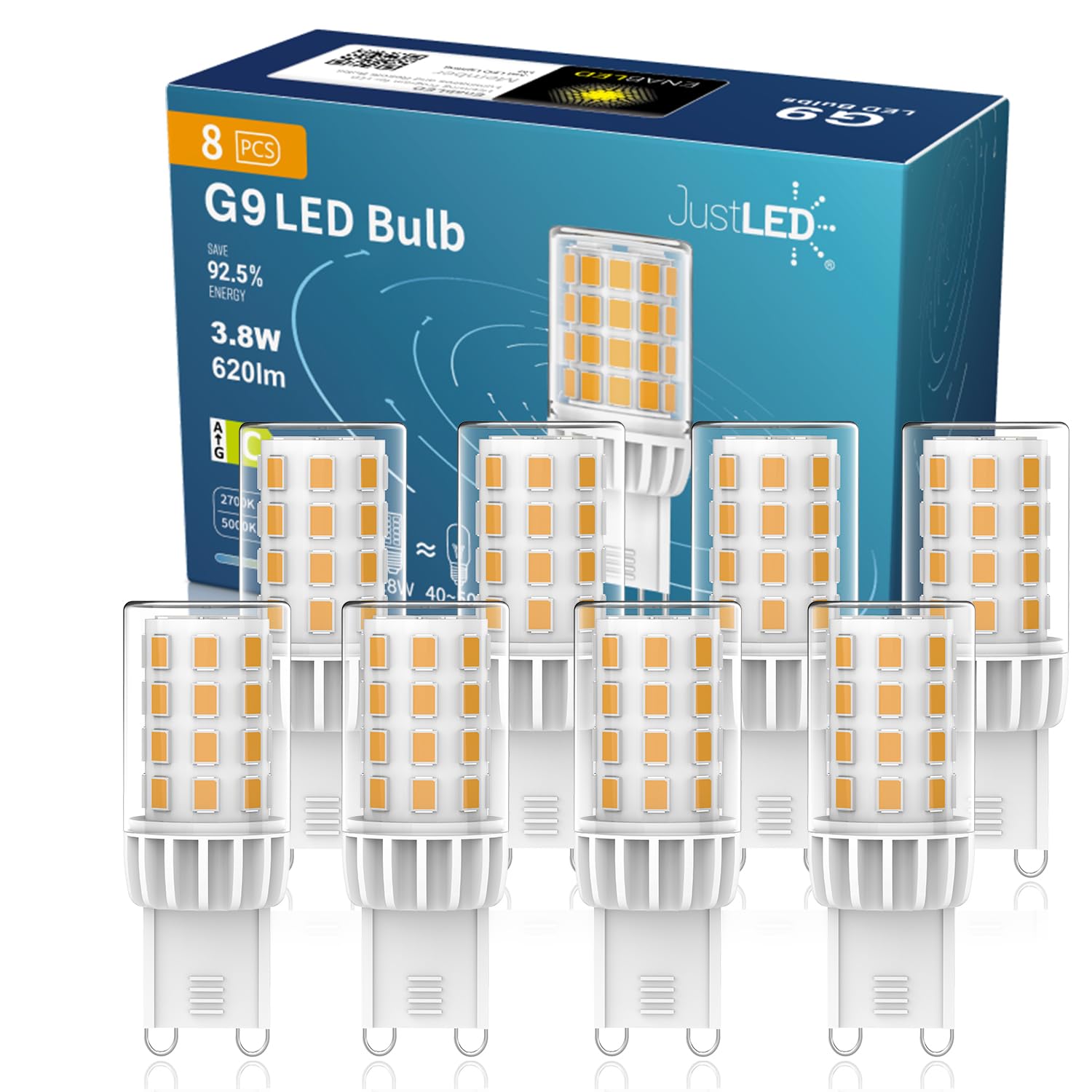 JustLED G9 Led Bulbs Warm White, 3.8W, 620LM, 2700K, G9 Light Bulbs Equivalent to 30/40W Halogen, No Flicker, Non-Dimmable, Energy Saving and Efficient (8 Pack)