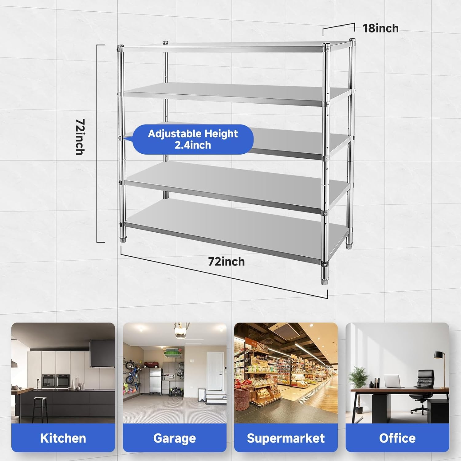 Stainless Steel Shelves, 72x18x72 in Storage Shelf 5-Tier Heavy Duty Adjustable Shelf Unit with Adjustable Height and Vent Holes for Kitchen Garage Office Restaurant,330lb Per Shelf