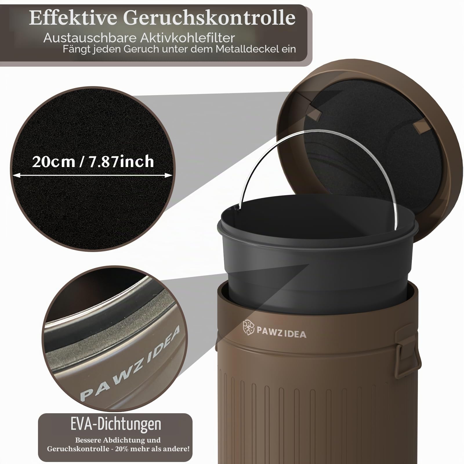 PAWZIDEA Hundekot Eimer Geruchsdicht für Draußen, 12 Liter Luftdichter Hundekot Mülleimer Garten, Treteimer Katzenstreu Entsorgungseimer, Windeleimer, Stahl, BPA-frei, 20cm Geruchsfilter im Deckel