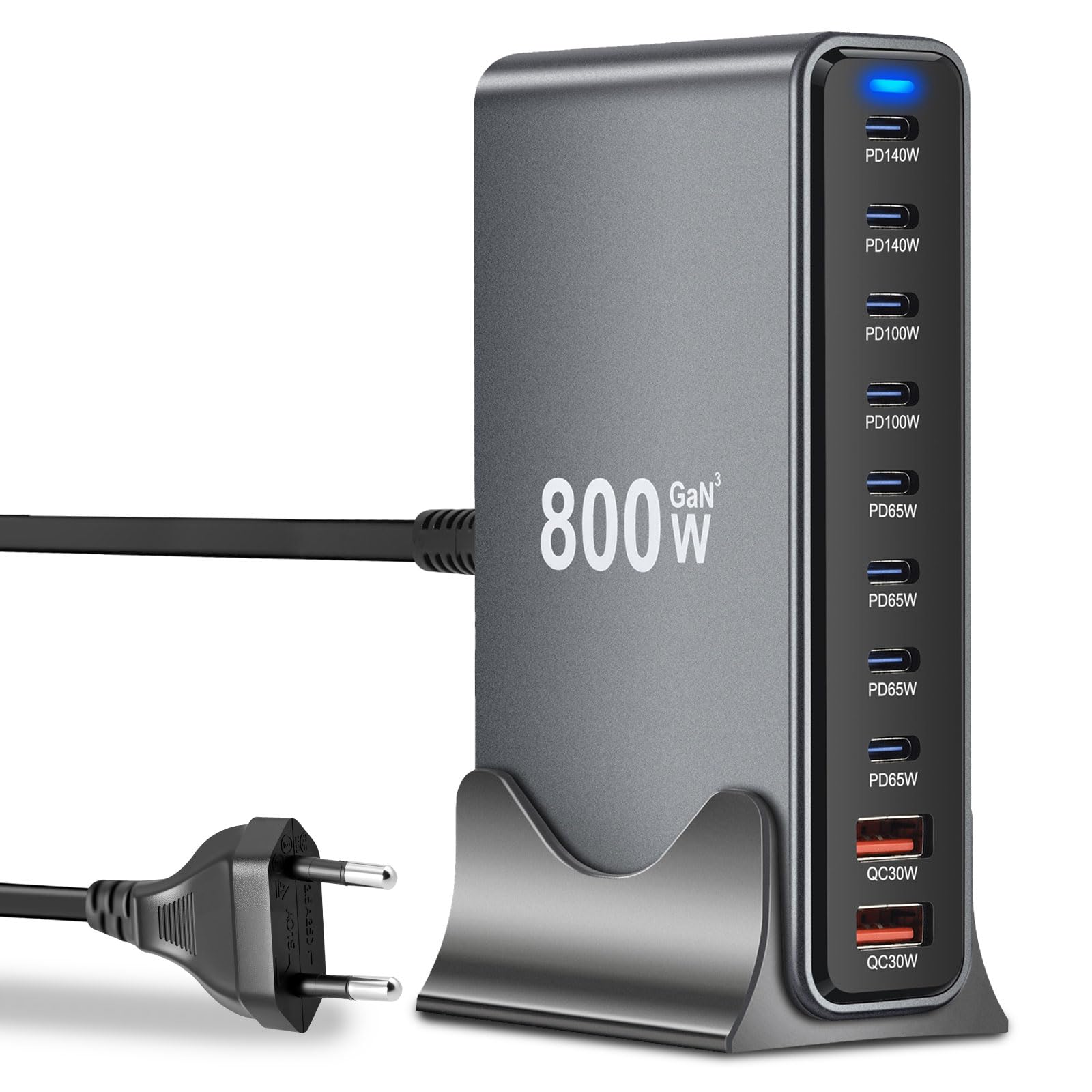 Cargador USB múltiple de 800 W, 10 puertos, cargador rápido con 8 USB C + 2 USB A, estación de carga para varios dispositivos compatible con Mac-Book, Pad, Phone 16/15/14 Serie, G-alaxy S22/S20, D-ell