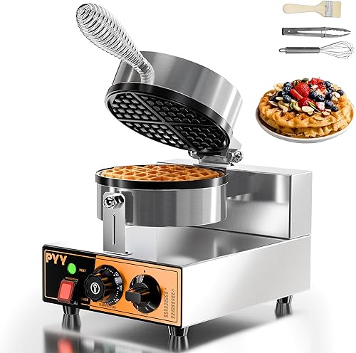 PYY Waffle Maker comercial 1300 W antiadherente Waffle Iron, 20 unidadesH de acero inoxidable redondo belga waflera belga, control de tiempo y