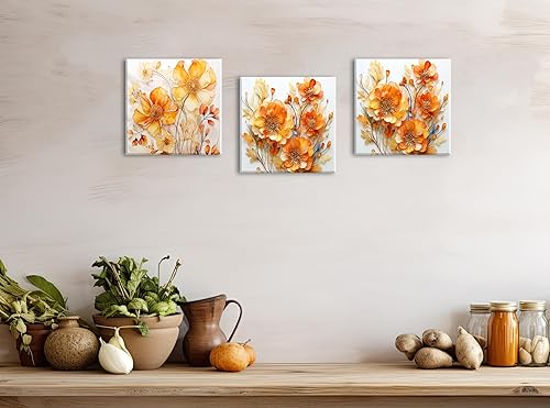 Miniatura 4 de Arte de pared naranja para decoración de pared con flores de otoño para baño, impresiones abstractas de flores silvestres, pinturas florales de
