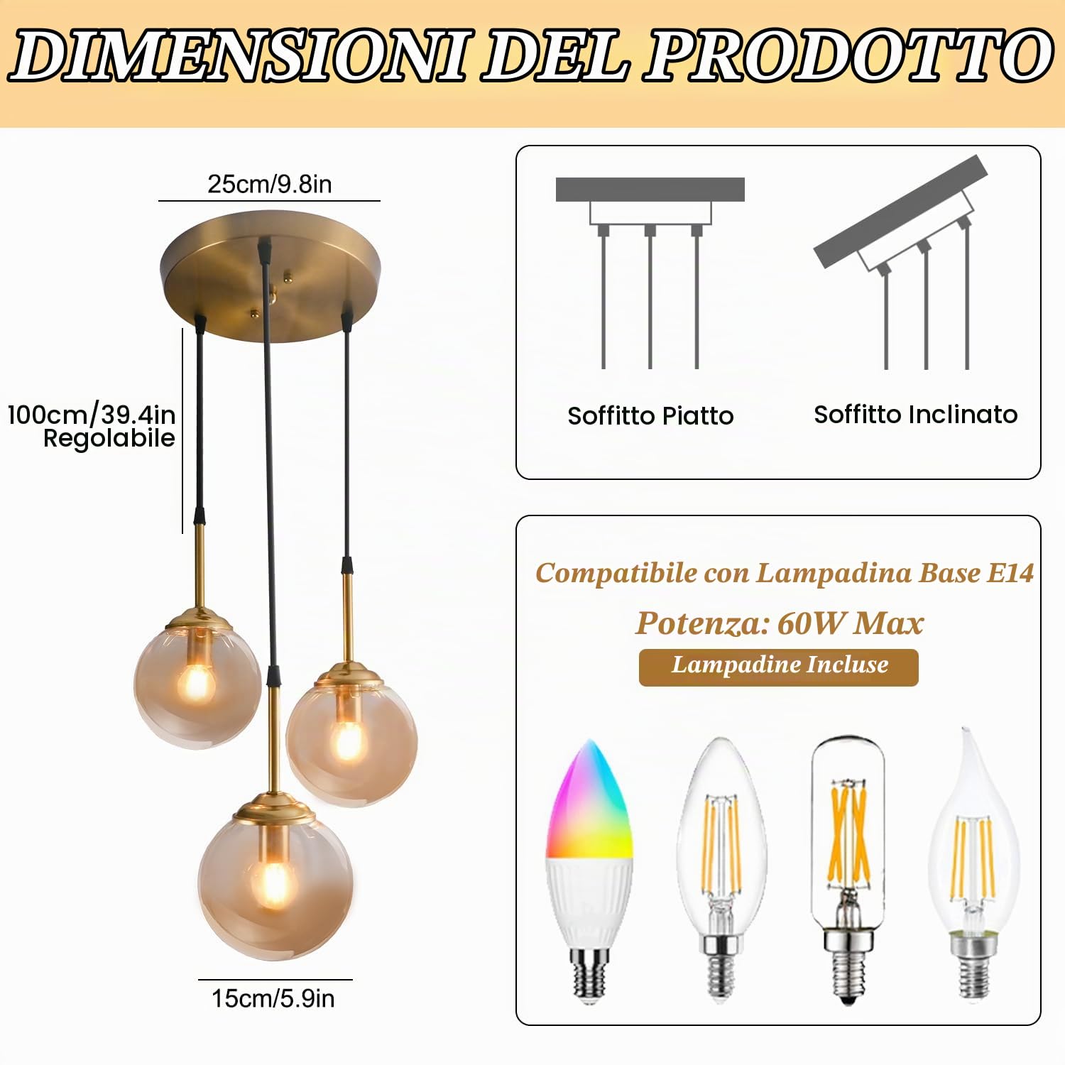 Lampadario in metallo di lusso moderno Nordic Creative Lampada a sospensione a sfera in vetro trasparente/grigio fumo/ambra Cluster E14 Isola cucina Soggiorno Sala da pranzo Comodino Lampada a