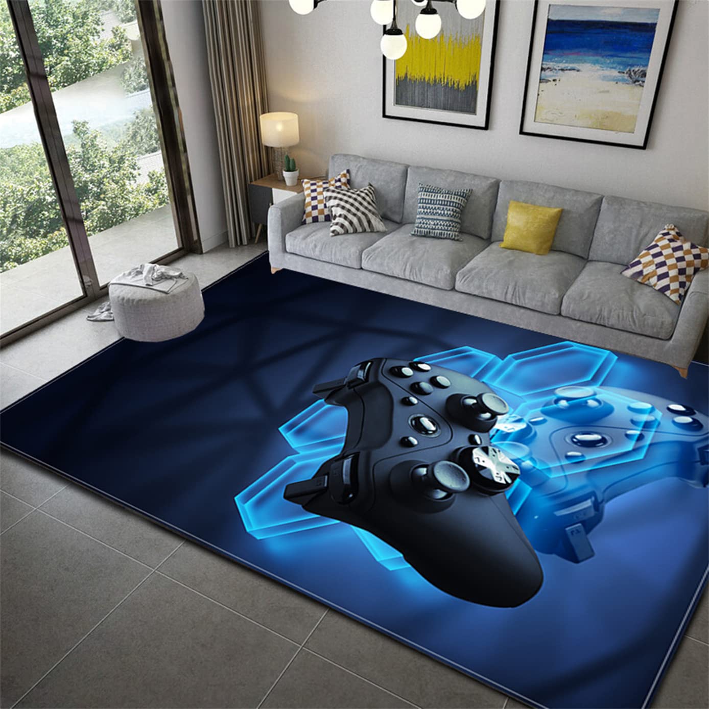 PEIHUODAN Videojuego 3D Gamepad Grande Alfombra Sala de Estar Gamepad Moderno Alfombra para Habitación de Niños Gamer Antideslizante Lavable Alfombra de Pelo Corto Alfombras Salon (Azul,80 x 160 cm)