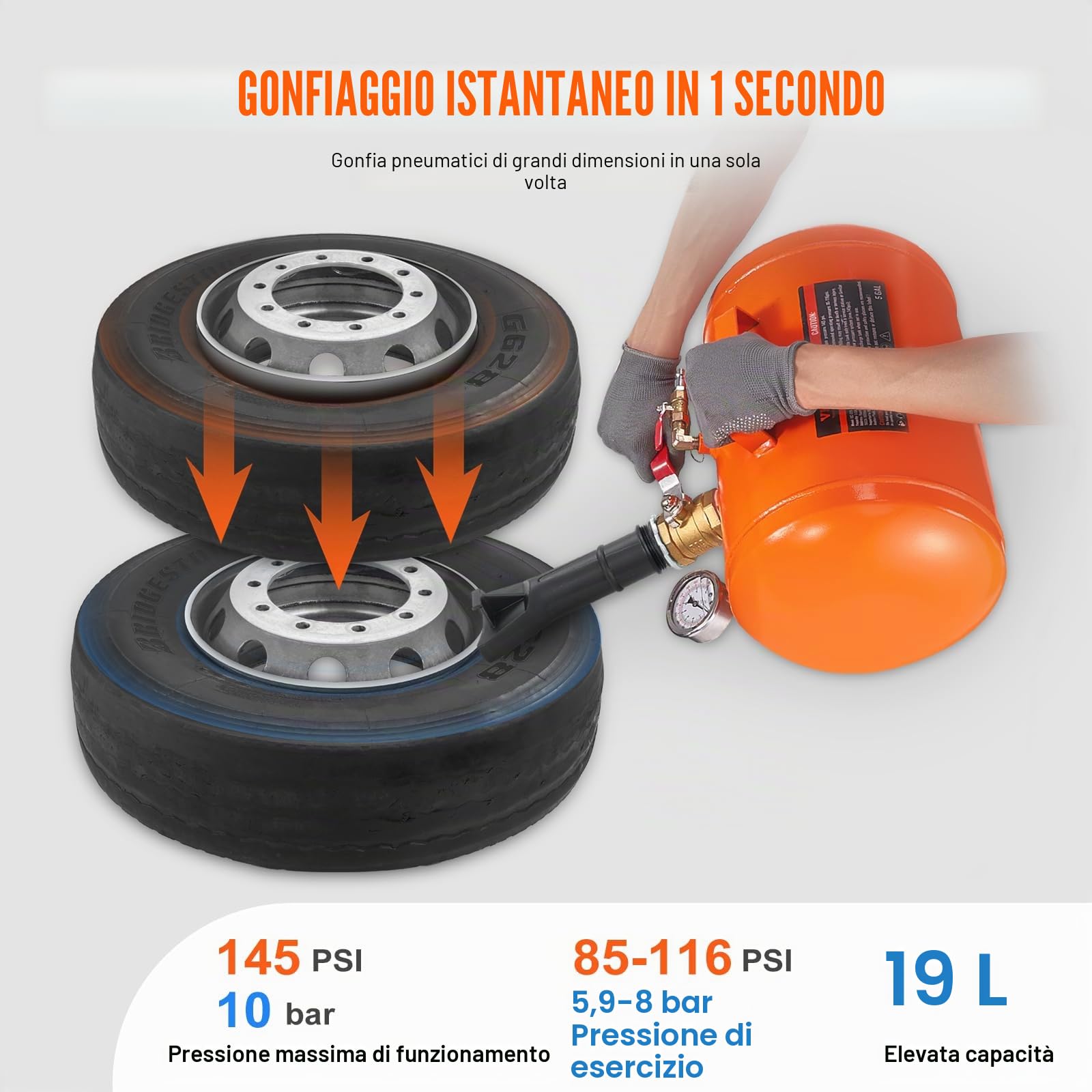 VEVOR Gonfiaggio pneumatici Gonfiaggio pneumatici Stallonatore 19 L, 400 x 535 x 295 mm Regolatore di talloni 85-116 psi Gonfiaggio pneumatici per auto, camion, fuoristrada e trattori