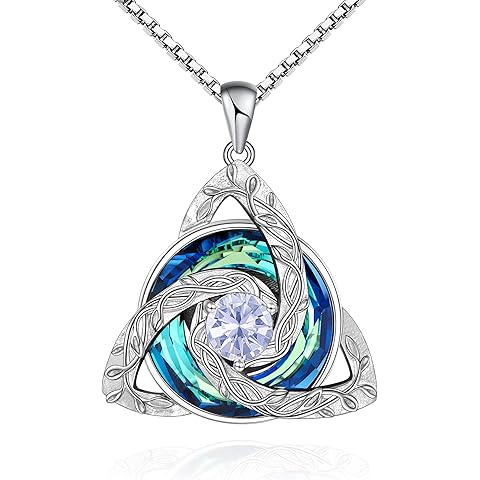 Distance Celtic Birthstone Necklace for Women, S925 Sterling Silver Trinity Knot Triquetra Austria Crystal Pendant, Birthstone Necklace Birthday Anniversary Jewelry Irish Scottish Gifts for Her