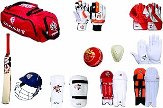 CW Men's Kashmir-Willow Bat with Wheeled Bag and Full Size Cricket Kit with 12 items, Red Price In India