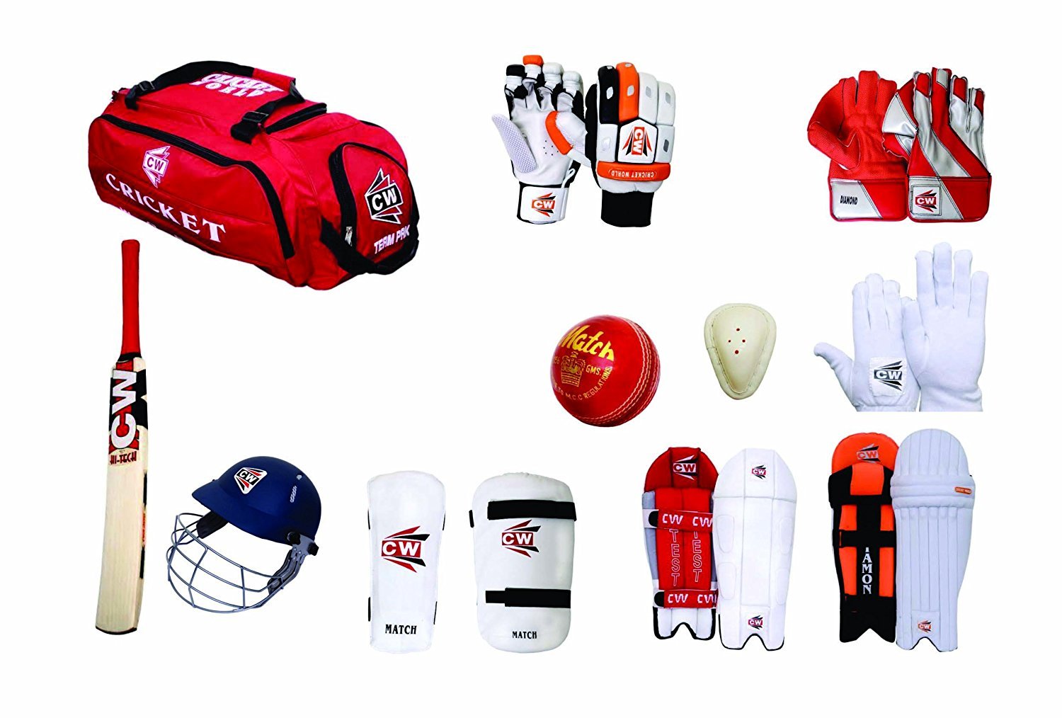 Buy CW Sports Team Cricket Kit Combo Red for Men's Senior Cricket Kit