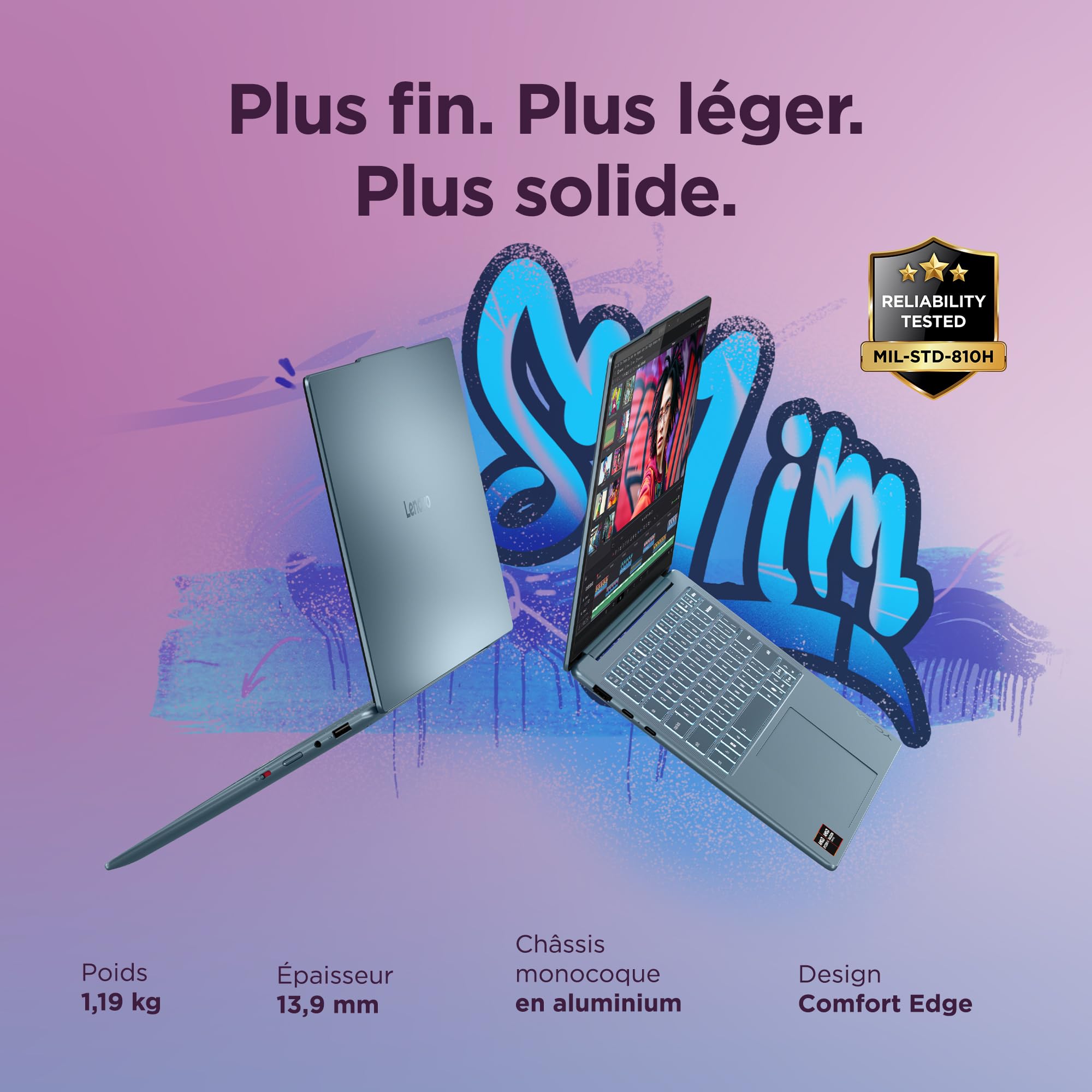 Lenovo Yoga Slim 7 14AKP10 - Ordinateur Portable 14'' WUXGA (AMD Ryzen AI 7 350, RAM 32Go, SSD 1Tb, IAMD Radeon 860M Graphics,Windows 11 Home) Clavier rétroéclairé AZERTY FR - Tidal Teal
