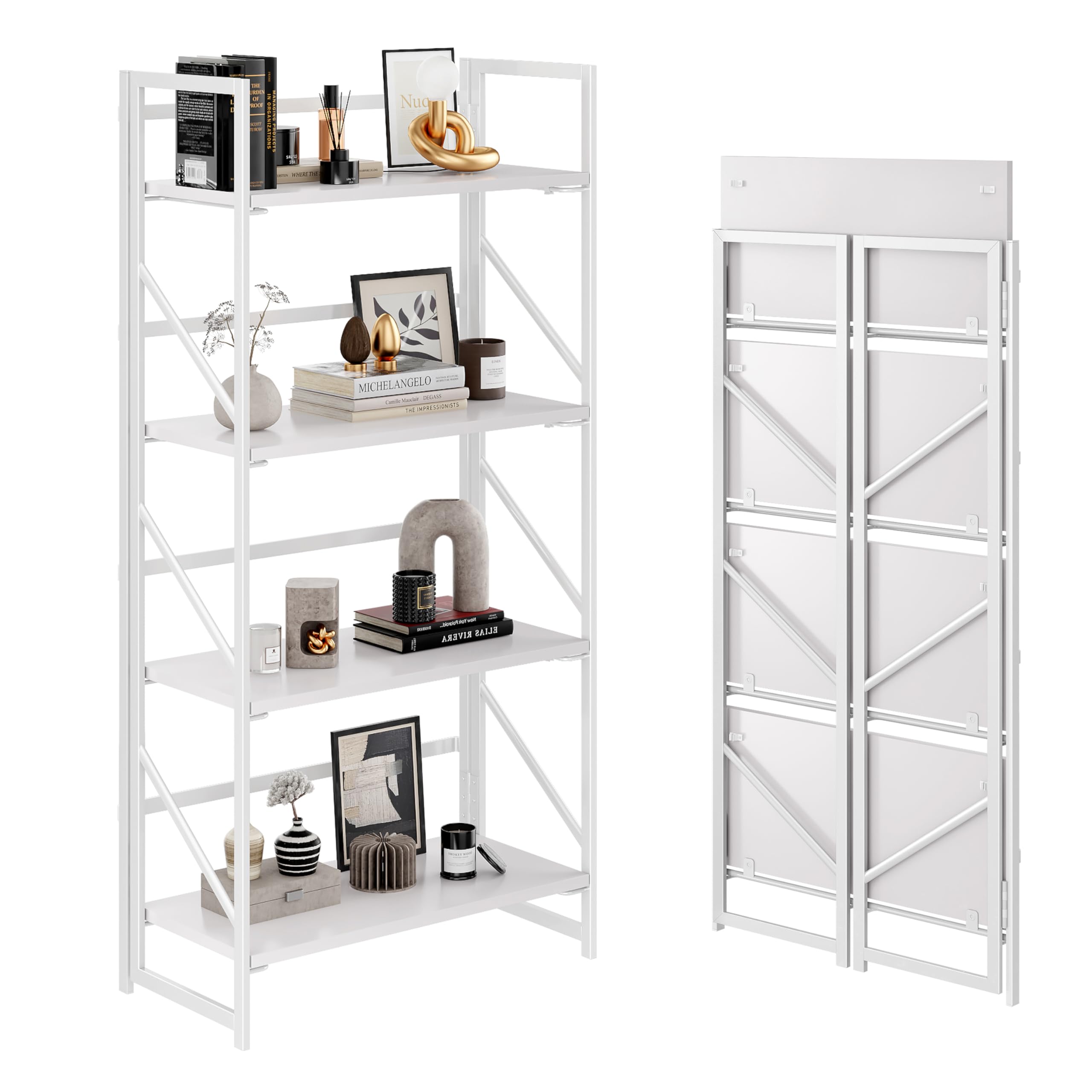 JSB No Assembly Folding Bookshelf, 4 Tier Industrial Metal Book Shelf for Storage, Vintage Wood Foldable Bookcase for Living Room, Bedroom, Office