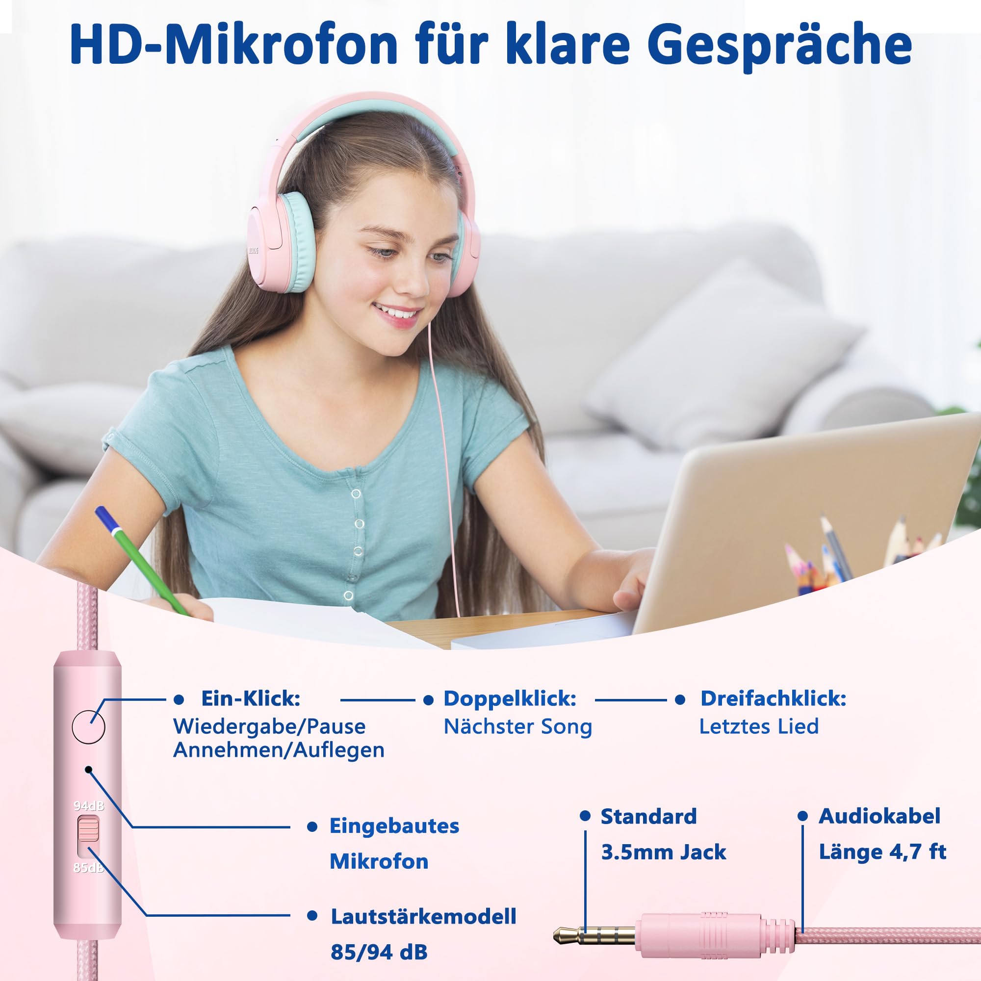 Kinder Over-Ear Kopfhörer mit Kabel und Mikrofon, Lautstärkebegrenzung 85/94 dB, Faltbares Design, für Mädchen & Jungen, Rosa, 3,5mm