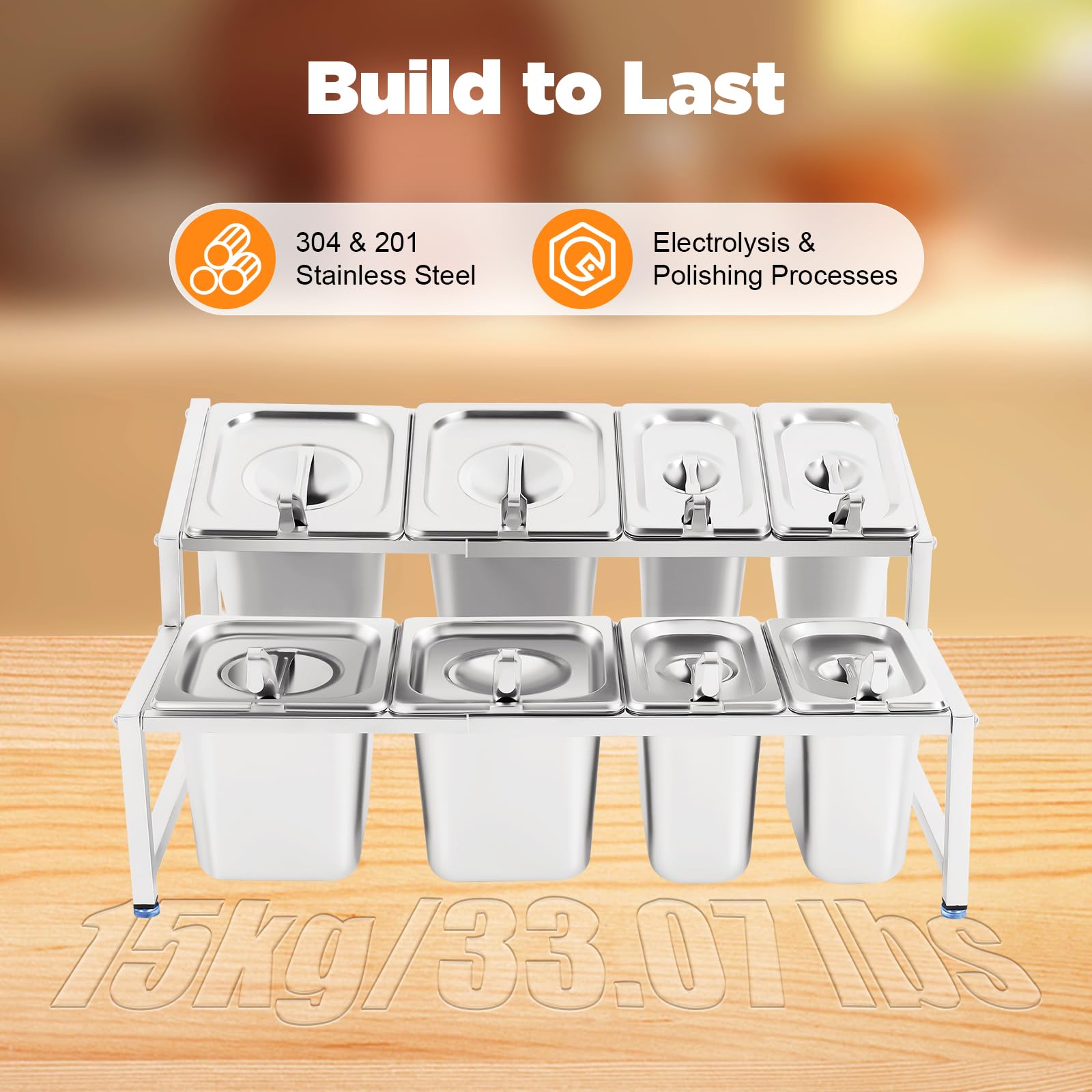 Recipiente para ingredientes para pizza de acero inoxidable | Especiero extensible ajustable con 8 compartimentos, 8 cucharas y tapas, recipiente para cocina, restaurante