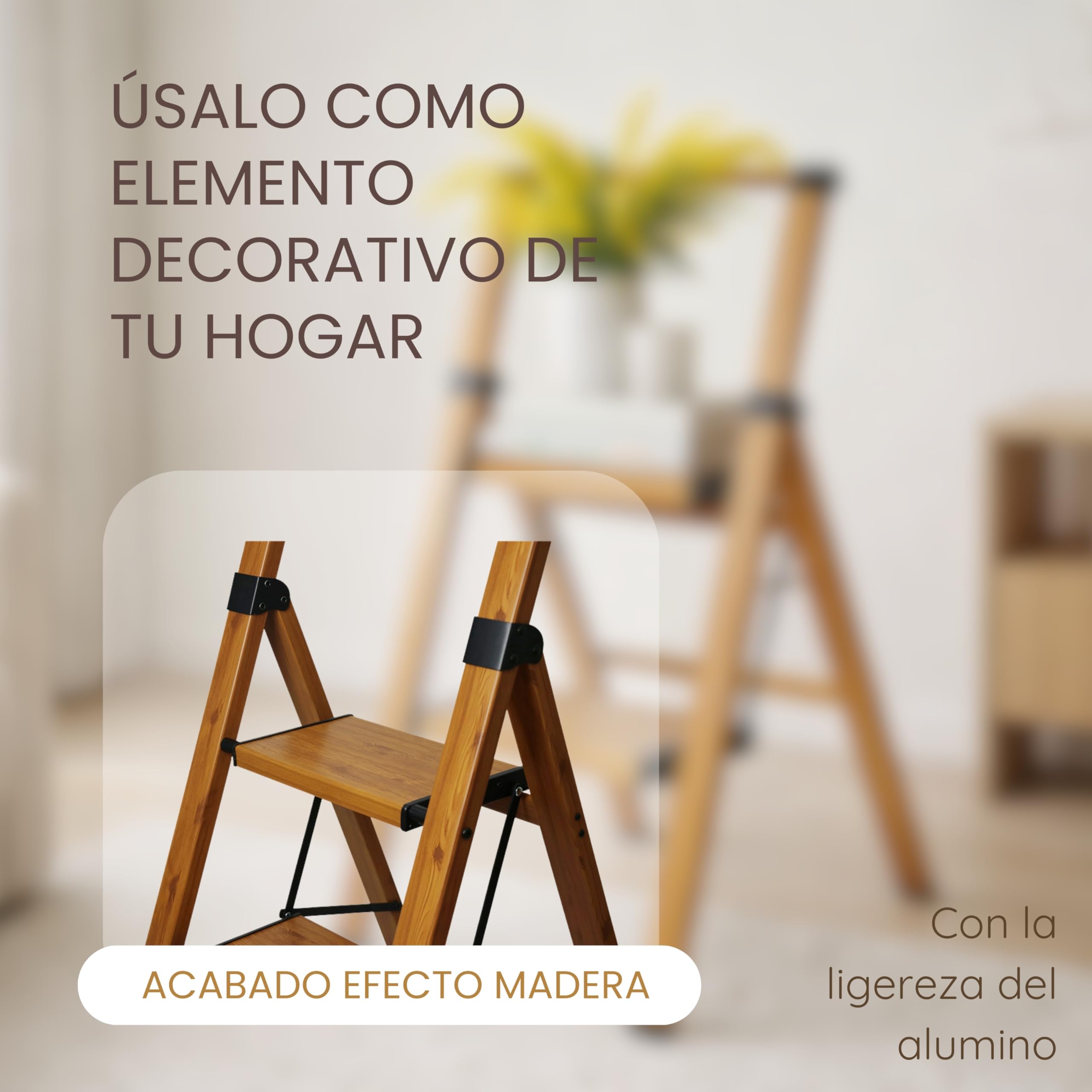 Escalera Plegable de Aluminio Efecto Madera para hogar y Cocina, 2 peldaños, peldaños Anchos Antideslizantes, EN 131