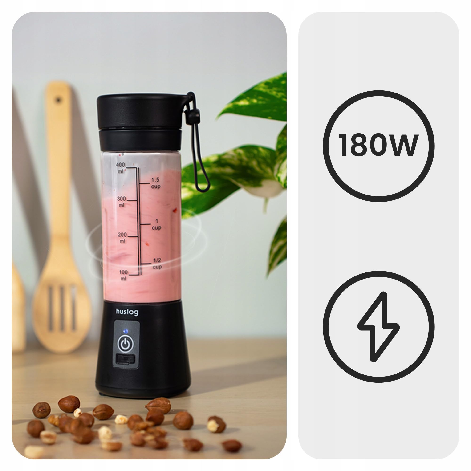 bezprzewodowy blender TO GO 180W, 6 ostrza ze stali nierdzewnej, 470ml pojemność, USB-C & USB-A ładowany, blokada bezpieczeństwa, kompaktowy z uchwytem, do smoothie, koktajli białkowych, czarny