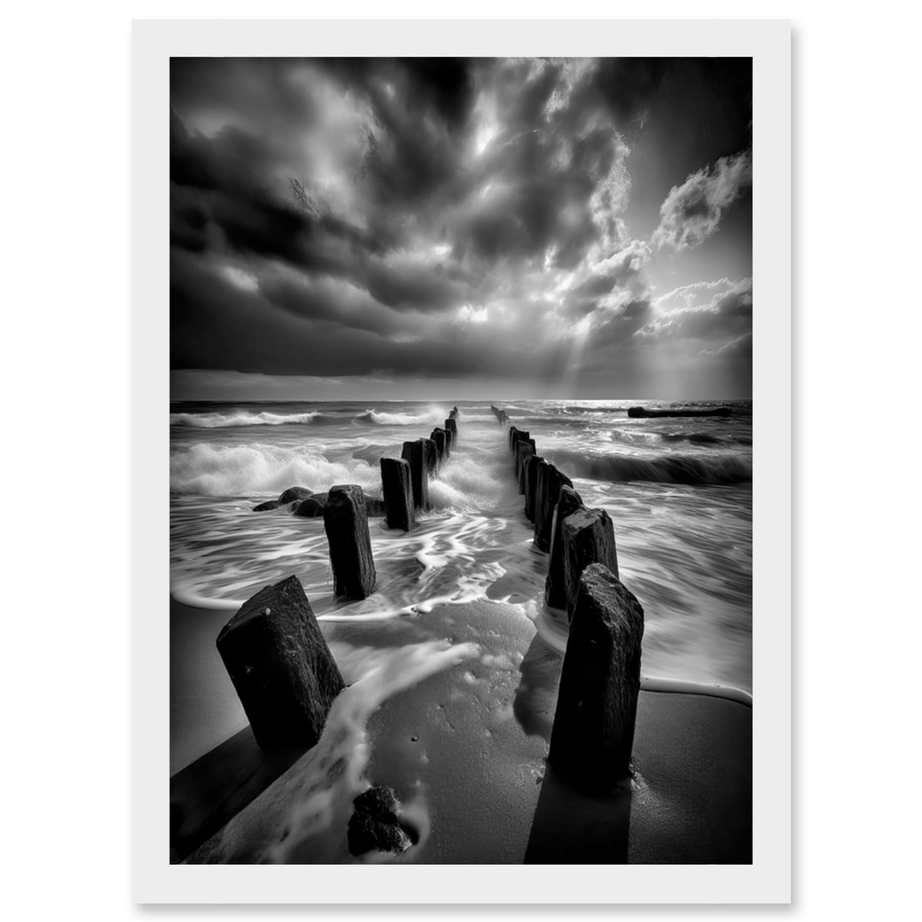 Artery8 Pier Ruins Black and White Dramatic Coastal Photo Artwork Framed Wall Art Print A4