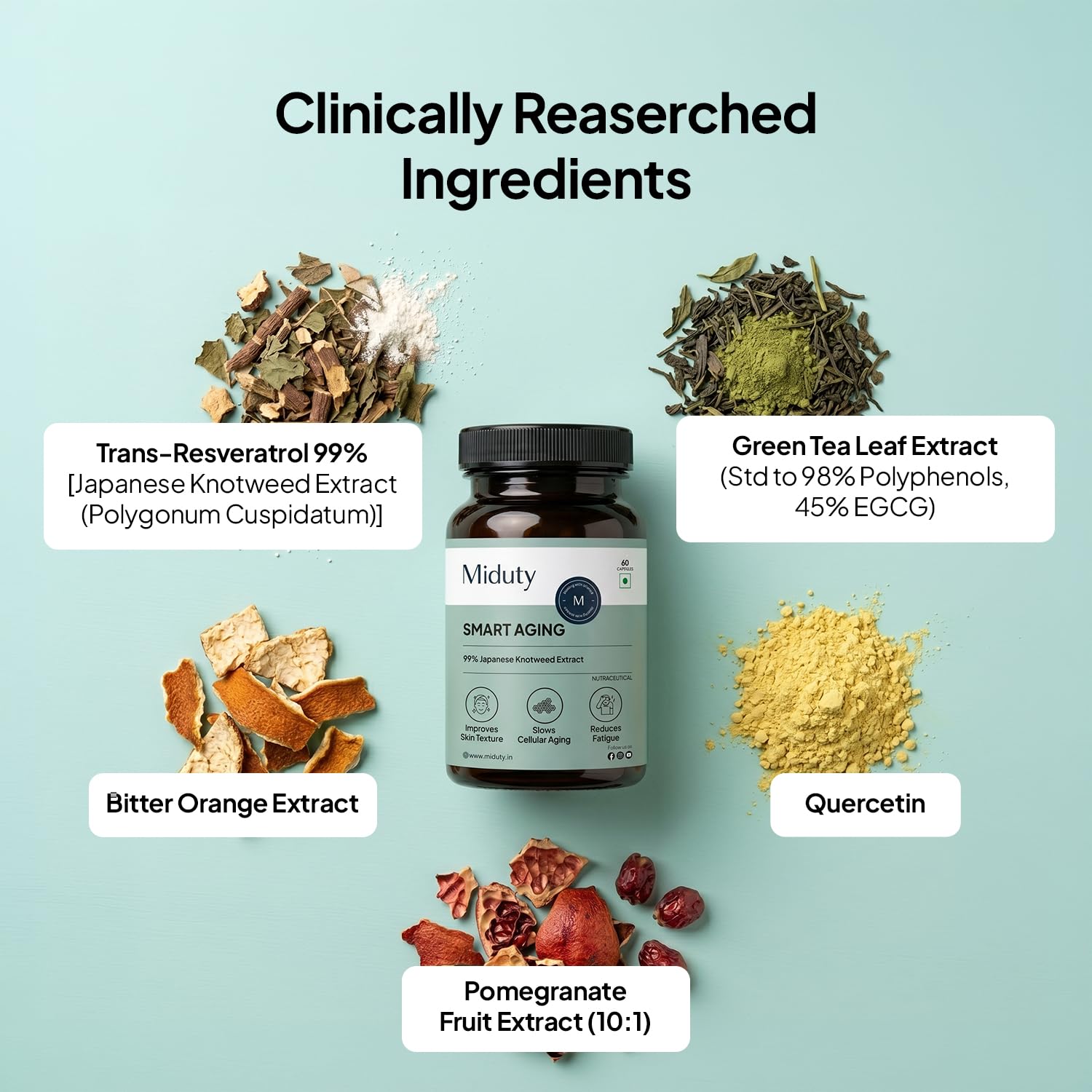 Miduty Smart Aging Trans-Resveratrol 99% | Anti-Aging Formula with Japanese Knotweed, Pomegranate & Green Tea Extract | Supports Fine Lines, Wrinkles, Skin Texture & Healthy Aging | 60 Veg Capsules 4