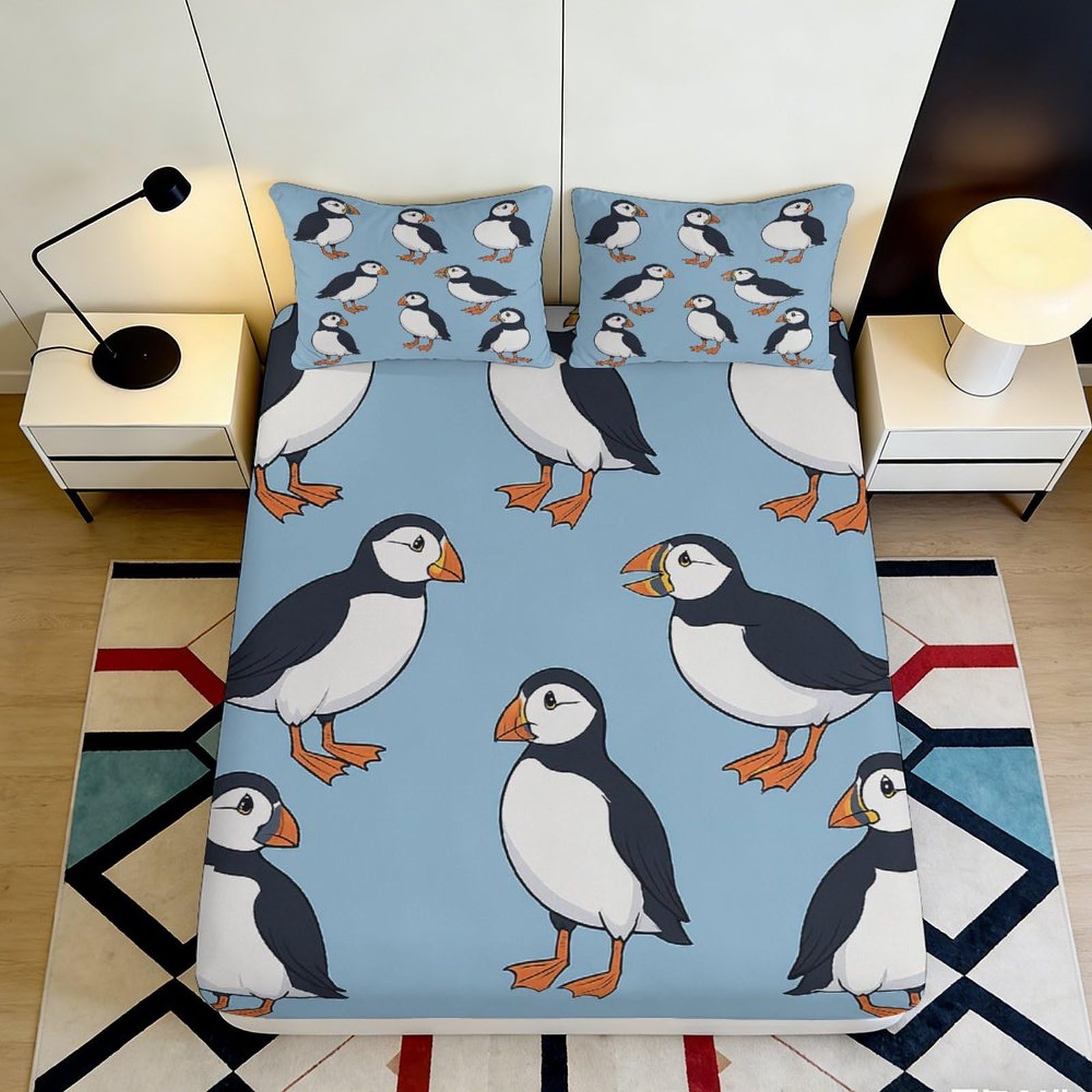 3D Printed Puffin Fitted Sheet Microfiber Deep Pocket Non-Slip Bedroom Bedding Puffin Mattress Fitted Cover for Adults Teens 140x200x25cm