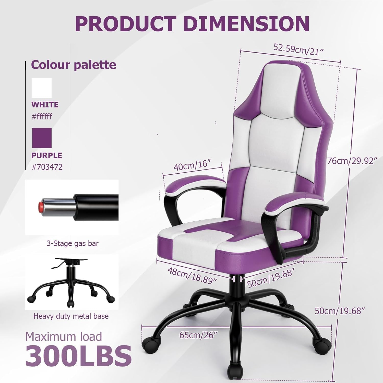 Sedia da gioco ergonomica, sedia per computer regolabile in altezza, sedia per PC in pelle di Pu con rotelle, per adulti (Viola)