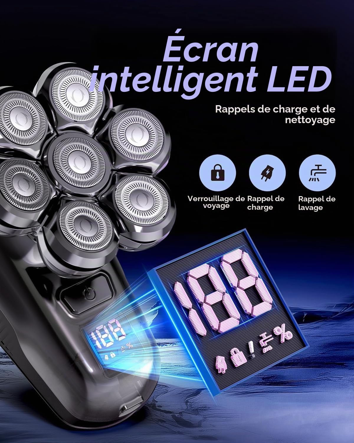 Rasoir Tete Chauve Homme, 7D Magnétique Amélioré Rasoir Crane Homme Chauve, Rasoir Électrique Humide/Sec Étanche IPX7, Kit de Toilettage de Barbe avec Écran LED, Facile à Nettoyer, Chargement USB-C