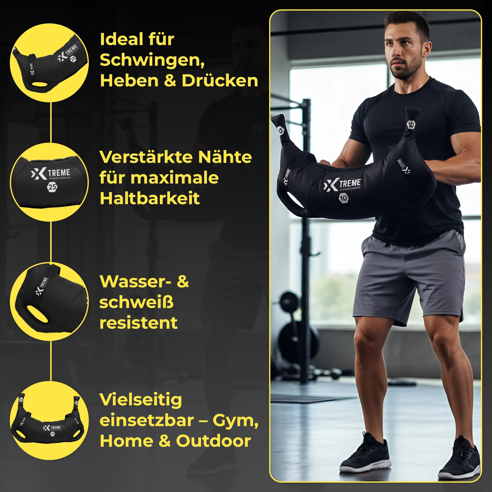 Xtreme Fitness Bulgarian Bag 5–25 kg, Robuster PU Gewichtssack mit Multi-Griffen, Vielseitiges Sports Bag für Kraft, Stabilität, Crossfit & Fitnessstudio