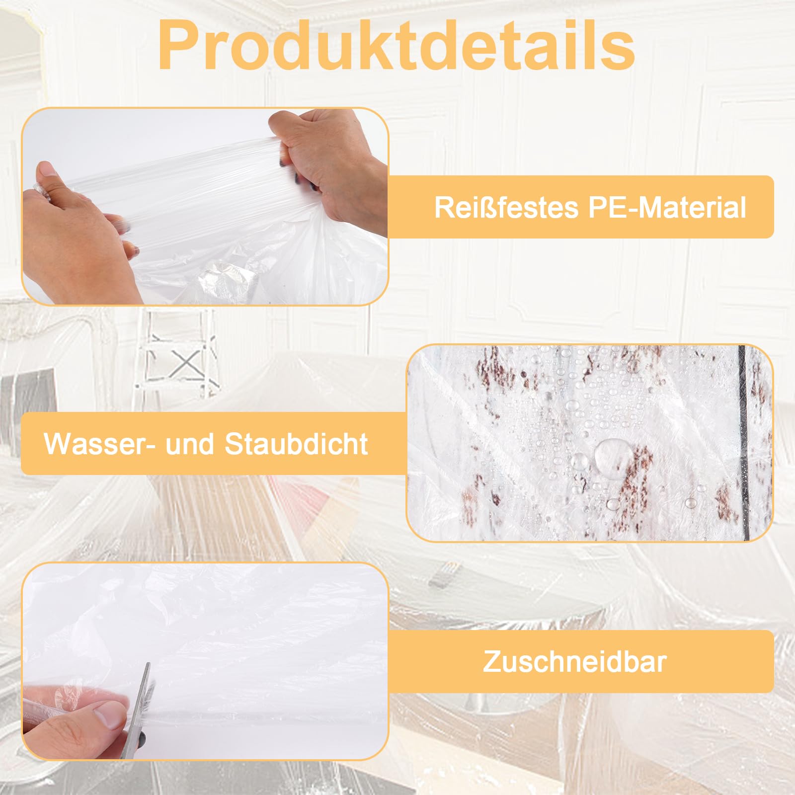 Abdeckfolie Maler 4er Set 4×5m Transparente PE Baufolie für Renovierung
