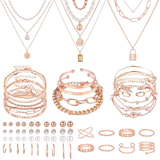 NEWITIN 49 Pieces Gold Jewelry Set for Women Fashion Costume Jewelry Gold Plated Necklace Bracelet Ring Earrings Set for Women