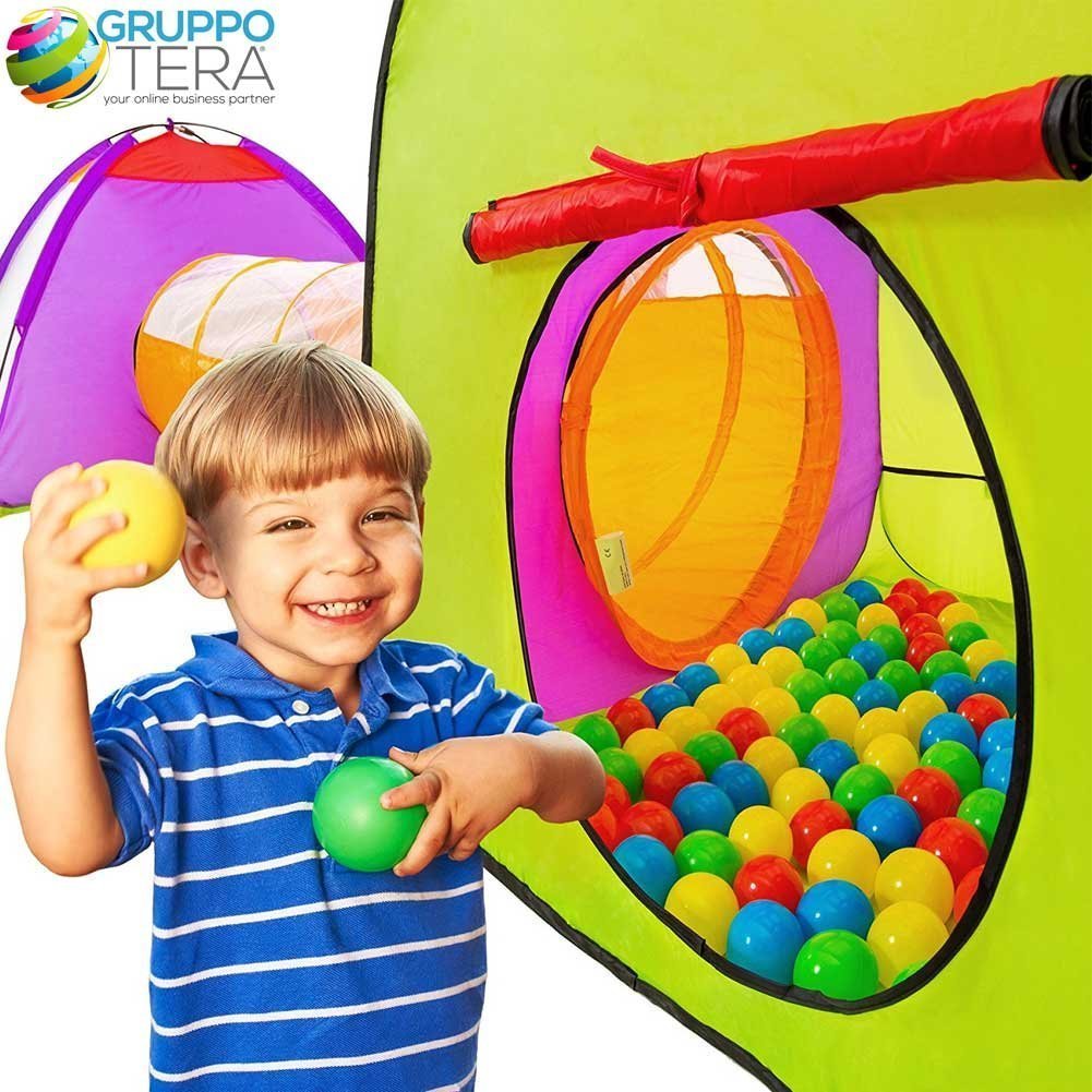 Bakaji Tenda Igloo per bambini con 200 palline + Tunnel + Casetta da gioco Pieghevole Sistema POP-UP Salvaspazio