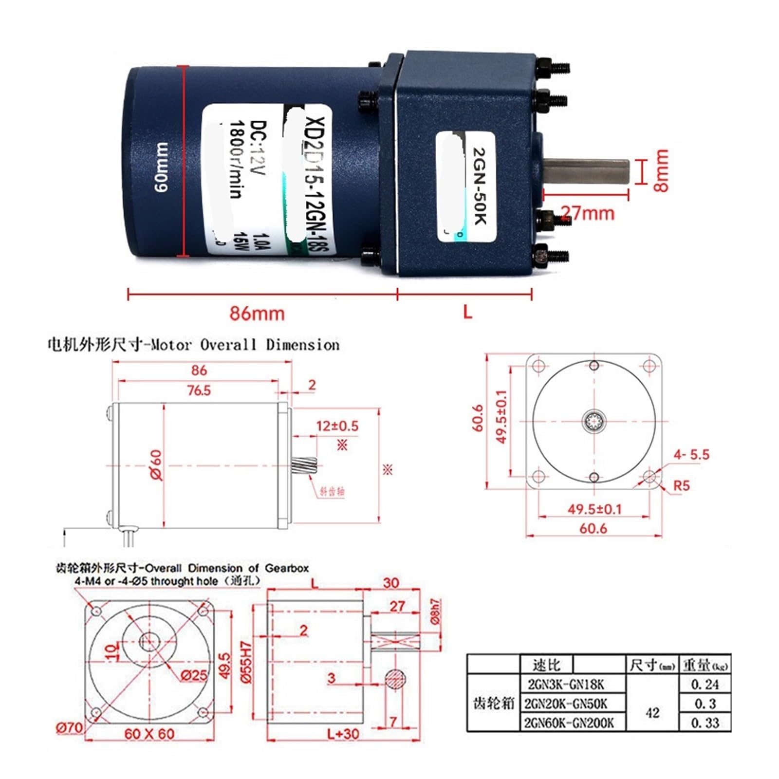 Silnik z regulacją prędkości 15 W, 12 V, 24 V DC, silnik redukcyjny (12 V, 300 obr./min)
