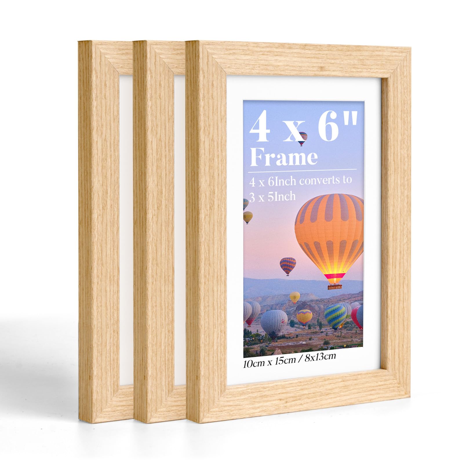 HOUSE DAY 6x4 Photo Frame, Oak Wood Picture Frames with HD Acrylic Glass & Mat, No-Scratch Protective Film, Tabletop & Wall Mount Small Frame for 4x6 or 3x5 Inch Prints, 3 Pack