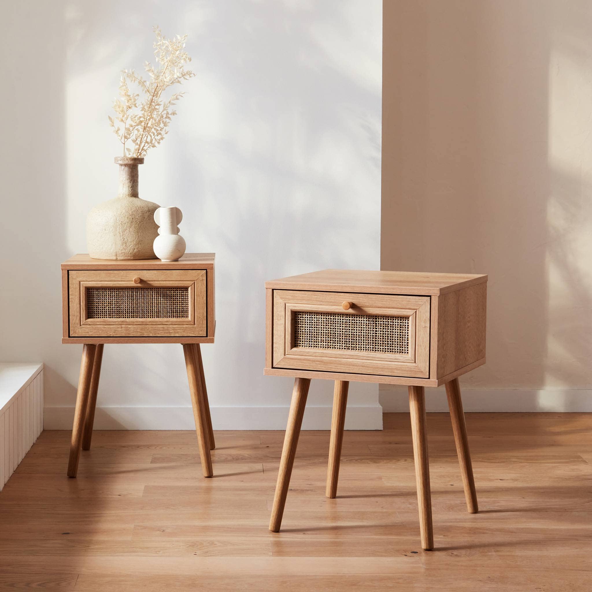 Alice's Home - Lot de 2 Tables de Chevet décor Bois & cannage avec 1 tiroir - Bohème
