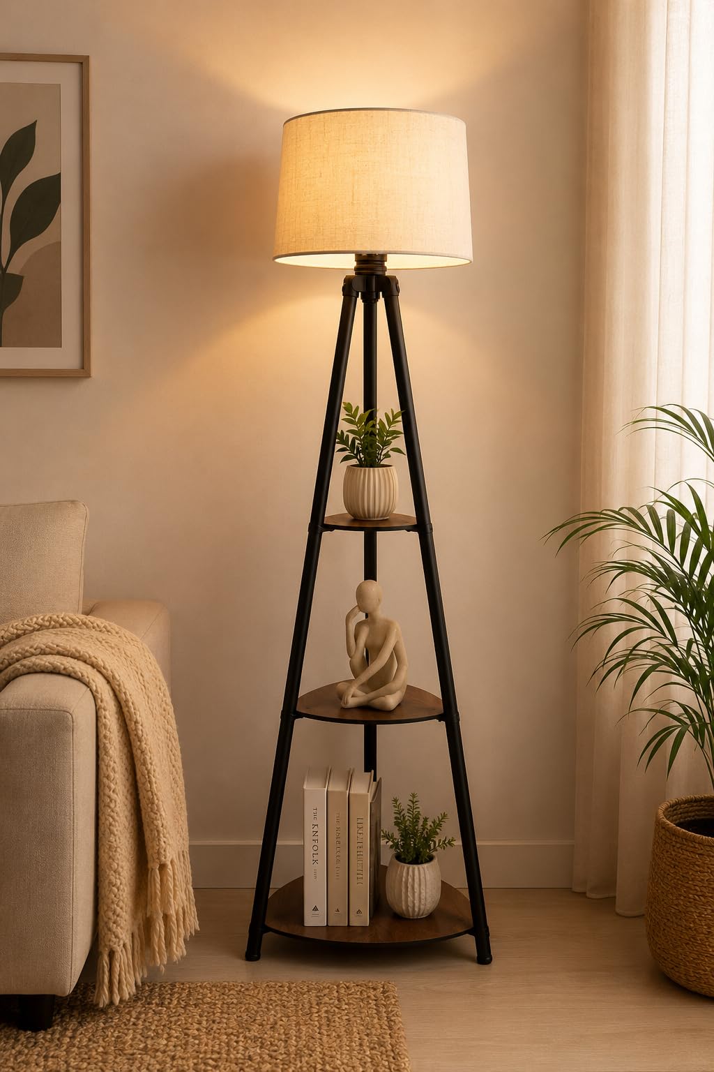Tripod LED Floor Lamp with 3 Shelves | 3-Tier Storage Shelves, Tripod Base Design-image-43