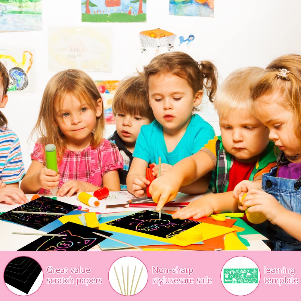 Vicloon Scratch Art, 50Pcs Scratch Art Paper per Bambini, Blocco da Disegno Arcobaleno Paper Set, Arcobaleno da Grattare Regali per Bambini con 5 Stilo in Legno e 4 Righelli Modello