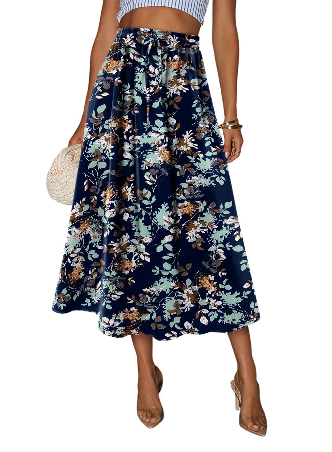 Magritta Womens Print Midi Skirt with Pocket Elastic High Waist 2025 Trendy A-Line Bohe Leopardr Swing Skirts for