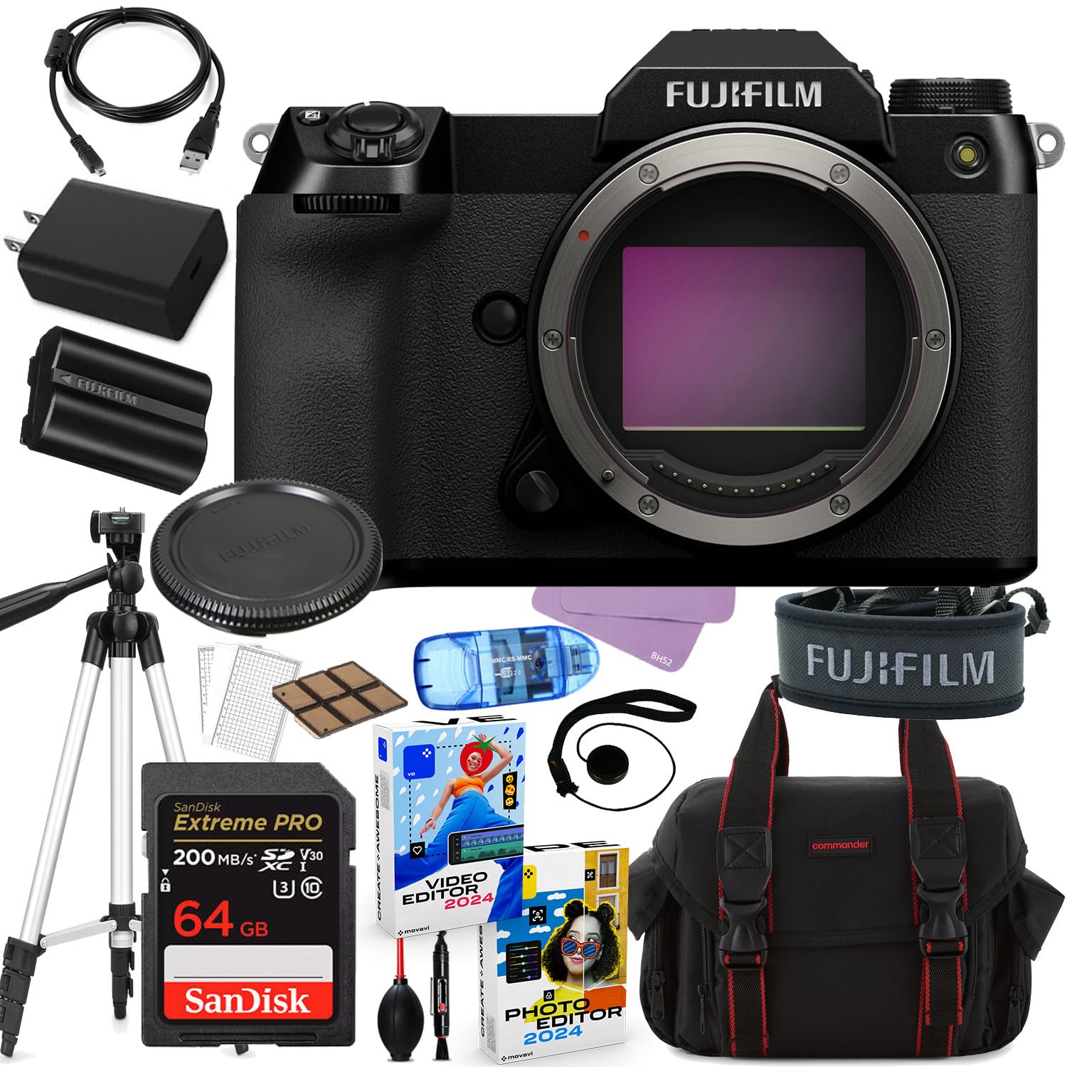 FUJIFILM GFX 100S Medium Format Mirrorless Camera Bundle + Accessories Including 64GB Extreme Pro Memory, Case, Tripod, Photo/Video Software Package and More (22 Items)
