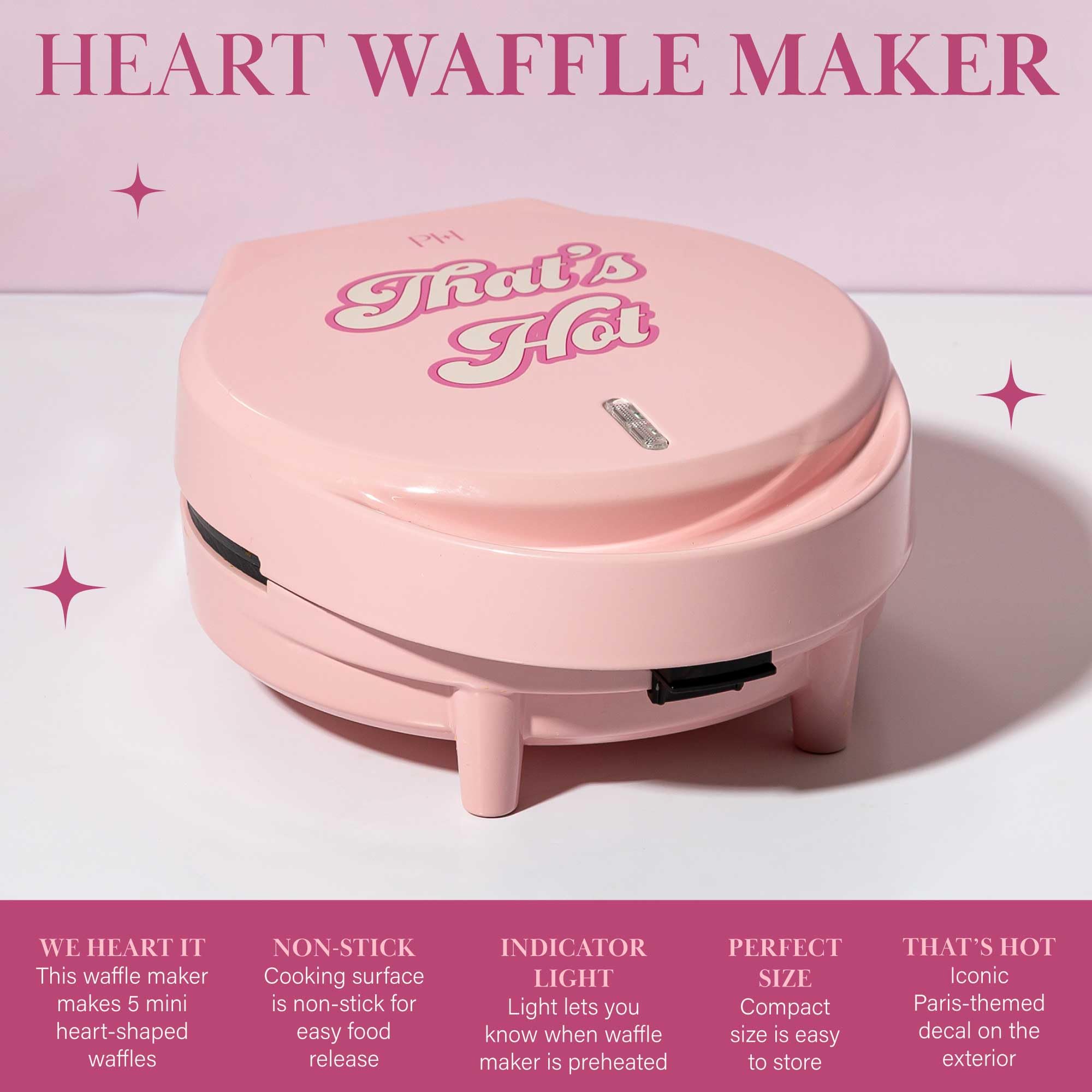 Paris Hilton Heart Waffle Maker, Makes 5 Mini Heart Shaped Waffles or 1 Individual Waffle, Easy to Clean 6