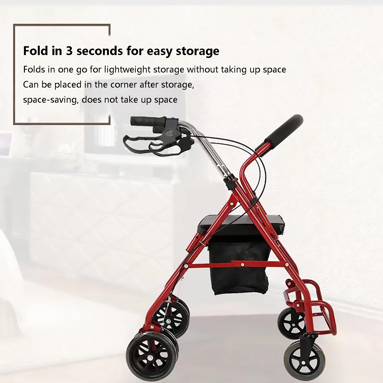 HAILM Rollator Walkers con Asiento Acolchado Extra Ancho y 4 Ruedas para Personas Mayores y Discapacidad, Easy Folding Mobility Aid Walker, Bolsa Almacenamiento, Ligero, Rojo