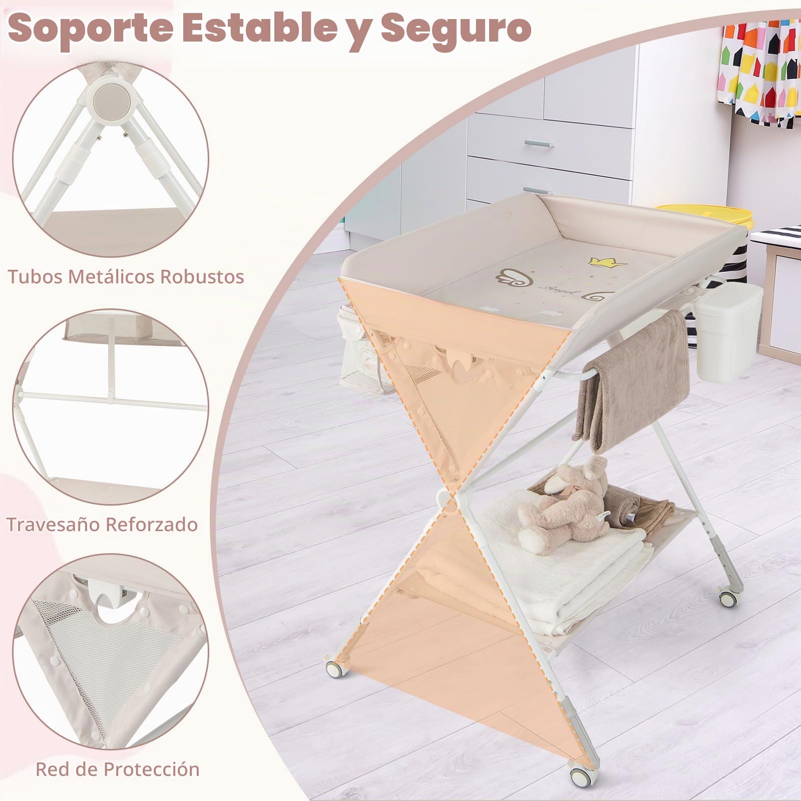RELAX4LIFE Cambiador de Bebé Plegable con 4 Ruedas Giratorias con Frenos, 3 Alturas Ajustables, Cestas de Almacenamiento y Cinturón de Seguridad, Cambiador Bebe Mueble para Bebé 0-12 Meses (Beige)