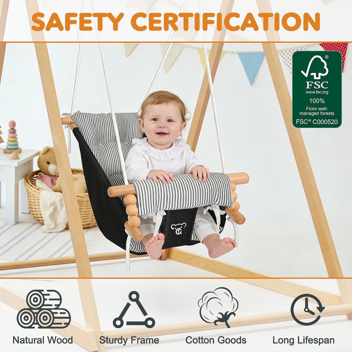 2-in-1 Türhopser Baby und Schaukel, Montessori-Holzschaukelset mit Gestell für drinnen und draußen, Baby-Hüpfer und Hängemattenschaukel mit 5-Punkt-Sicherheitsgurt, Geeignet für Kinder bis 3 Jahre