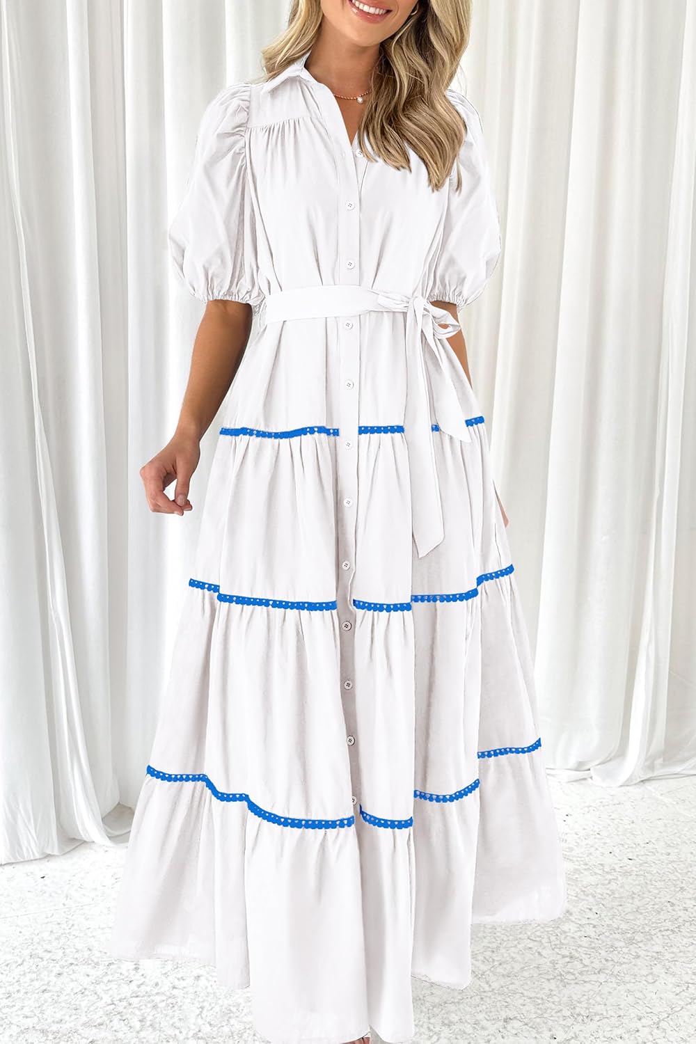 PRETTYGARDEN Women's Summer Button Down Shirt Dress Short Puffy Sleeve Tiered Ruffle Flowy Long Maxi Dresses - Image 4