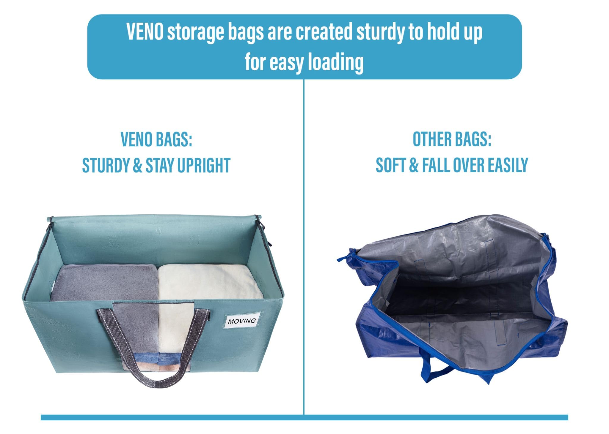 VENO 2 Pack Extra Large Moving Bags,Clothes Storage Bags for Blankets Bedding,Moving House Essentials,Waterproof Underbed Storage Packing Boxes,Laundry Bags Organiser (Light Blue - Image 4