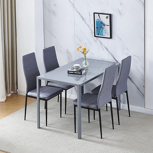 RVEE Moderno juego de mesa y sillas de comedor de vidrio gris para 4 personas juego de mesa rectangular de cocina de 5 piezas con 4 sillas de