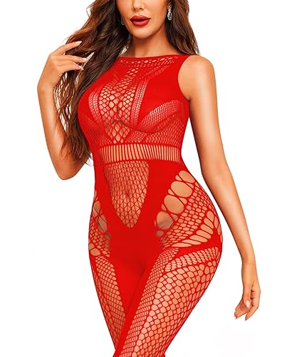 RSLOVE Womens Fishnet Lingerie Bodystocking - Sexy Mesh Lingerie Body Stocking Exotic Bodysuit Attached Tights Nightwear - One Size - Red