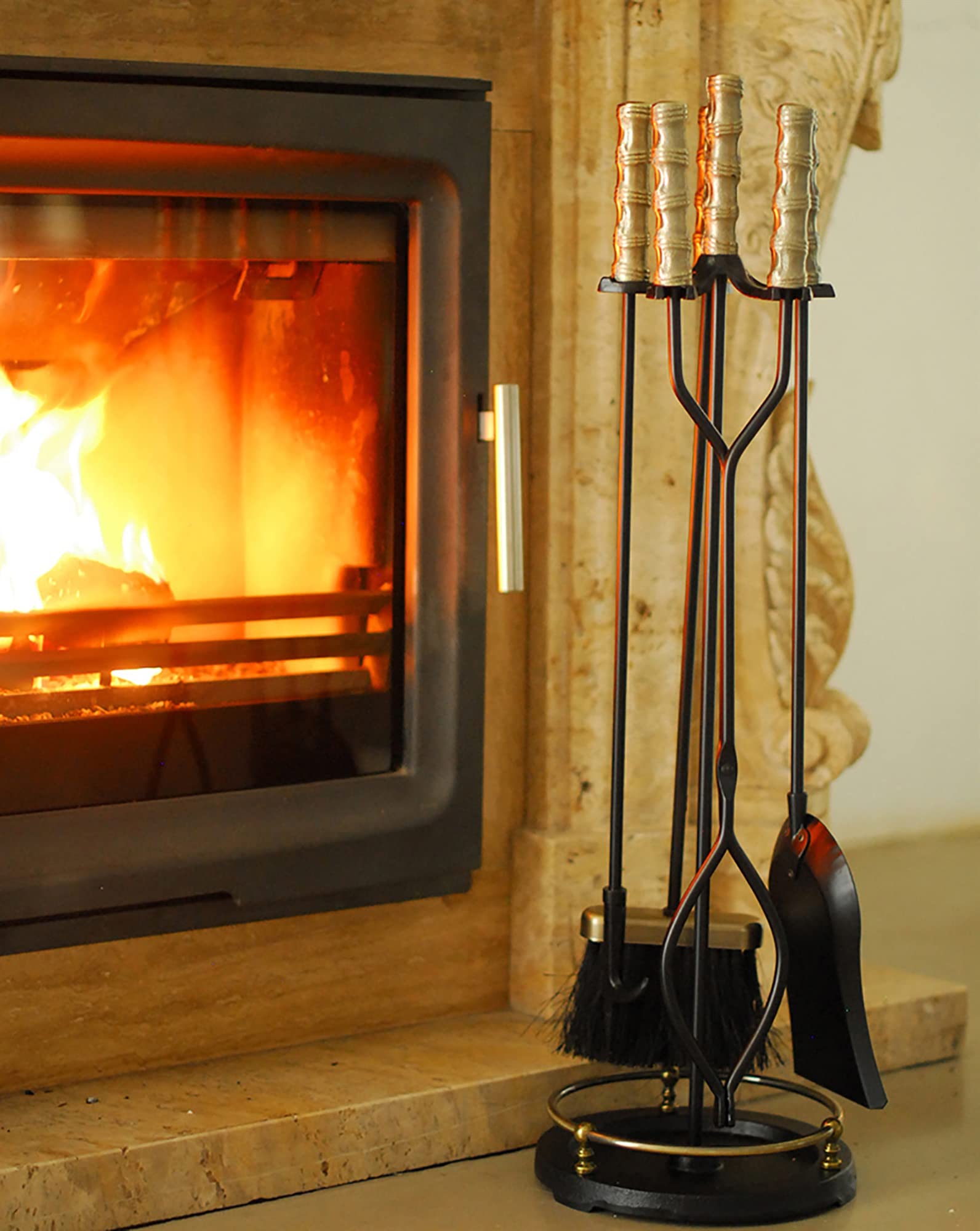 Set di attrezzi per caminetto con maniglia, 5 pezzi in ferro per camino con piedistallo, kit di accessori in legno antico per esterni