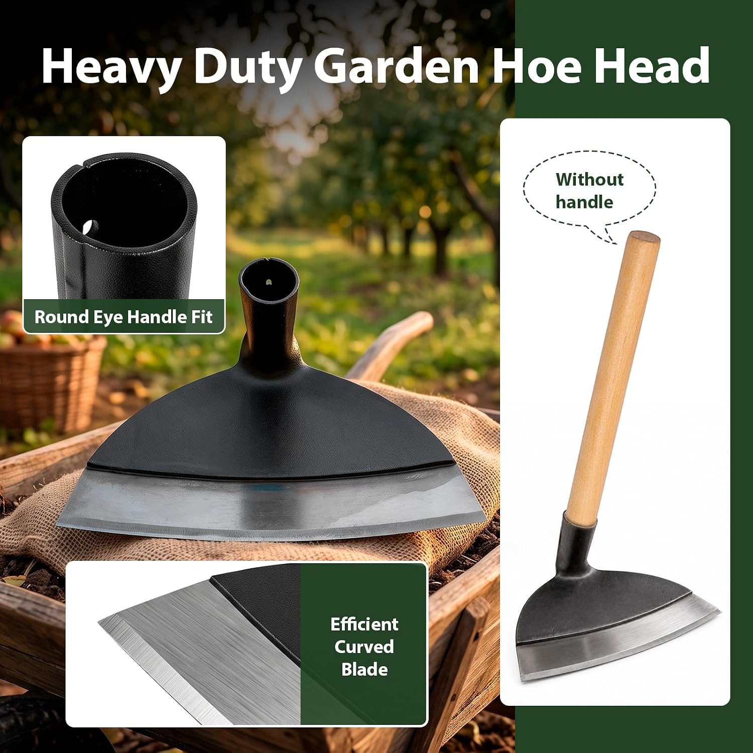 Heavy Duty Garden Hoe Head, Steel Round Eye Hoe Head Weeding Tool Replacement for Weeding, Tough Soil, Hacking, 6x11 Inch Without Handle image 2