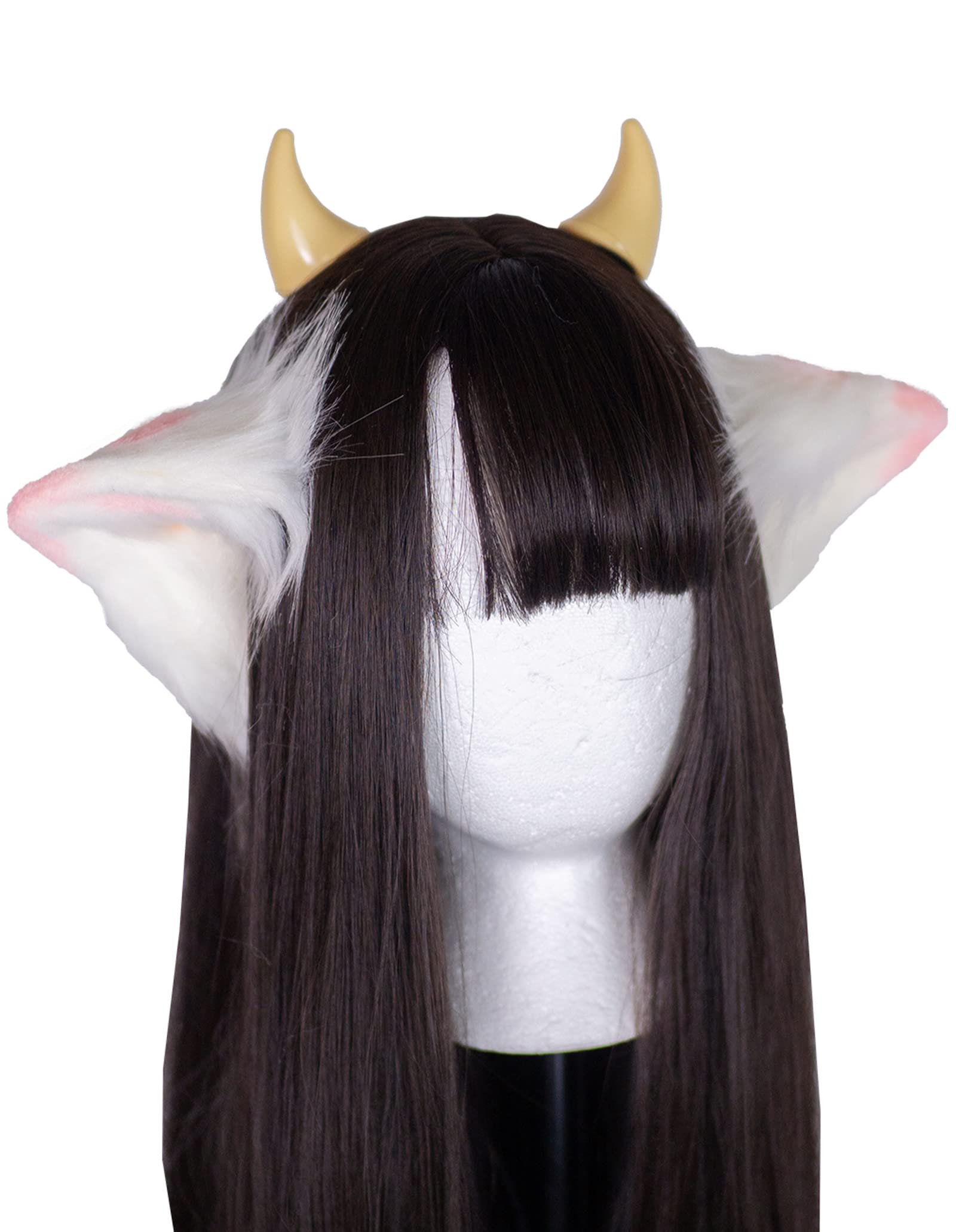 MOEFLAVOR Anime Plush Cow Ears Fur Headband with Devil Horns | Matches Any Kawaii Lingerie Costume for Sexy Cosplay: Pink