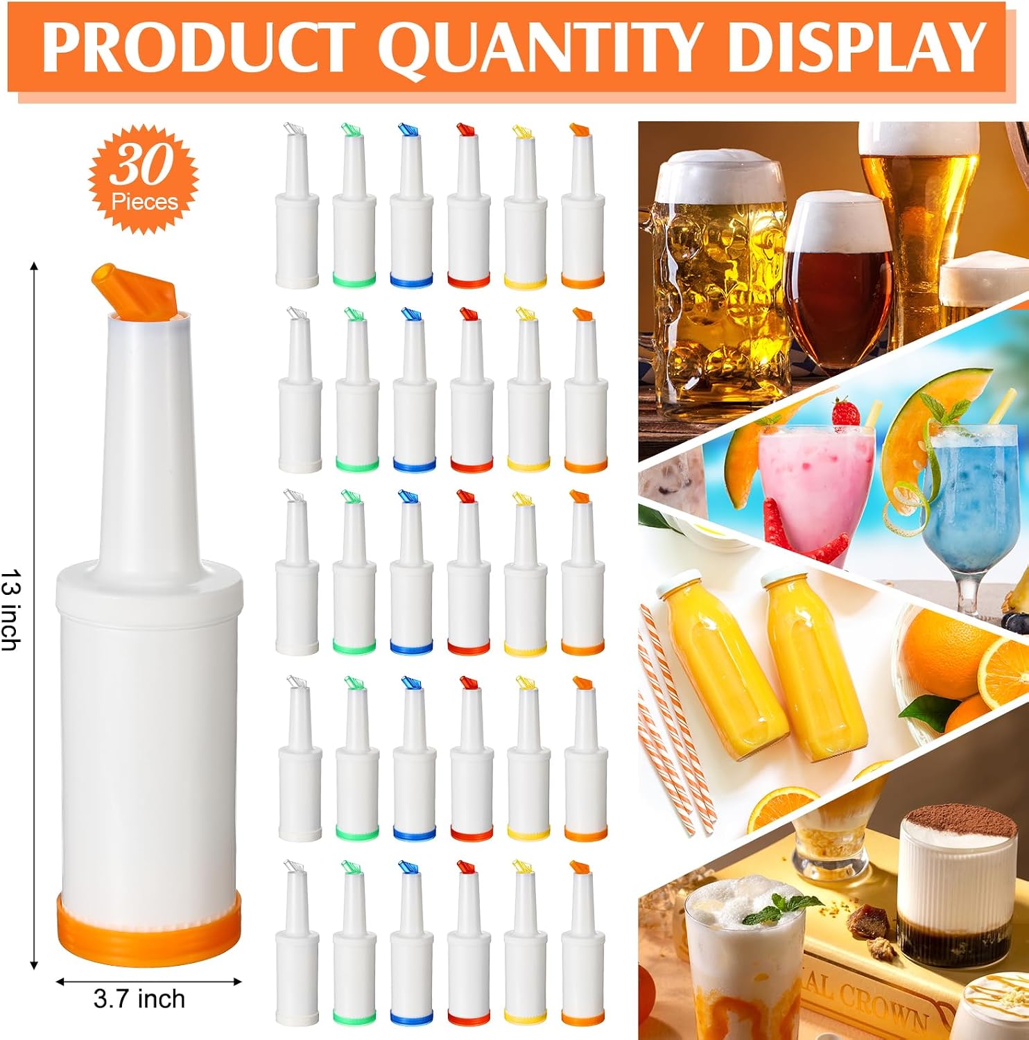 CHENGU 30 Pcs Bar Pour Colorful Juice Pouring Bottle Containers 34 oz Plastic Juice Dispensers for Bar Home Party Kitchen Supplies (White,Orange,Red,Yellow,Blue,Green)