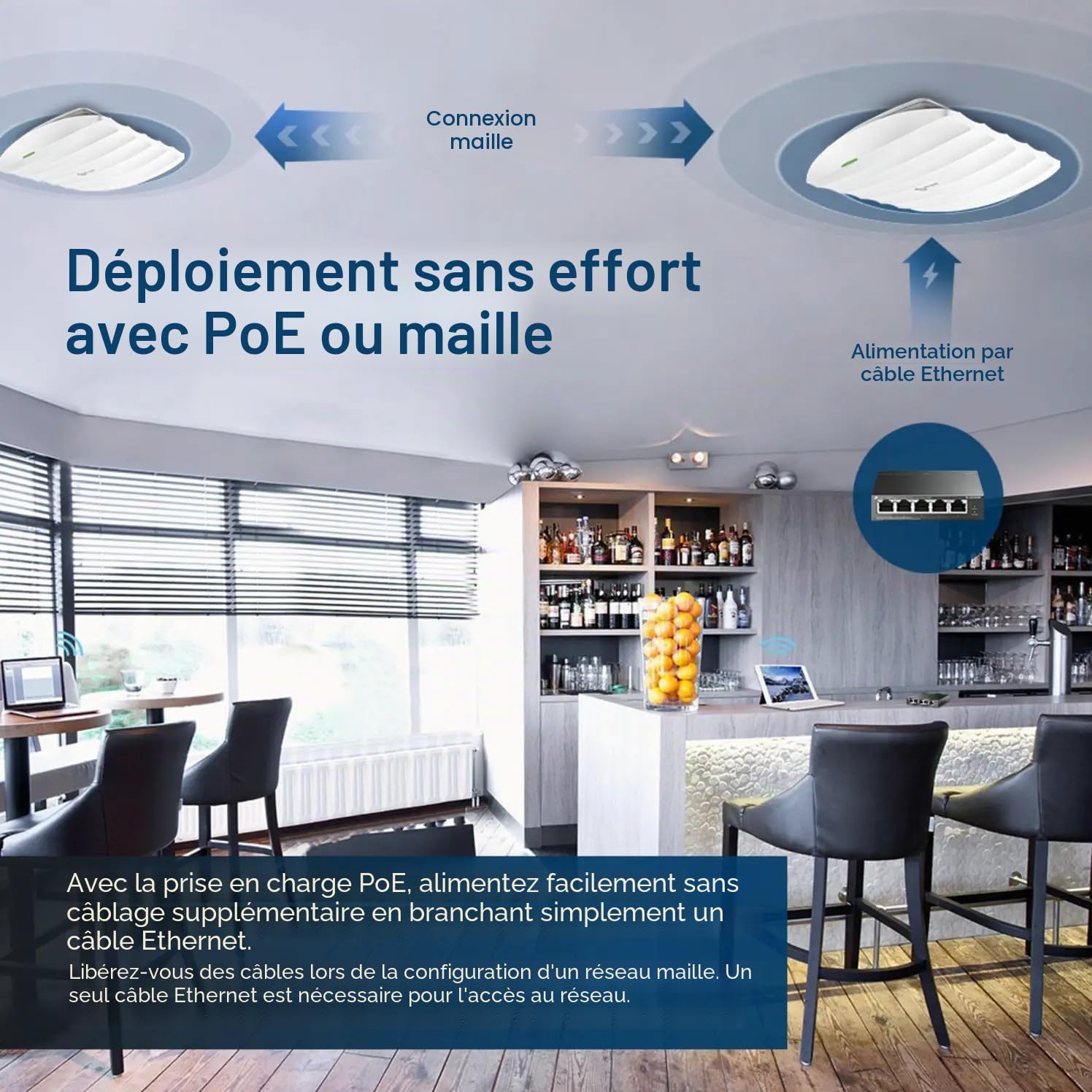 TP-Link Omada AC1350 Point d'accès sans fil – itinérance sans fil, Gigabit, MU-Mimo, faisceau, alimentation Poe, injecteur PoE, portail d'enregistrement Facebook/SMS gratuit (Eap225)