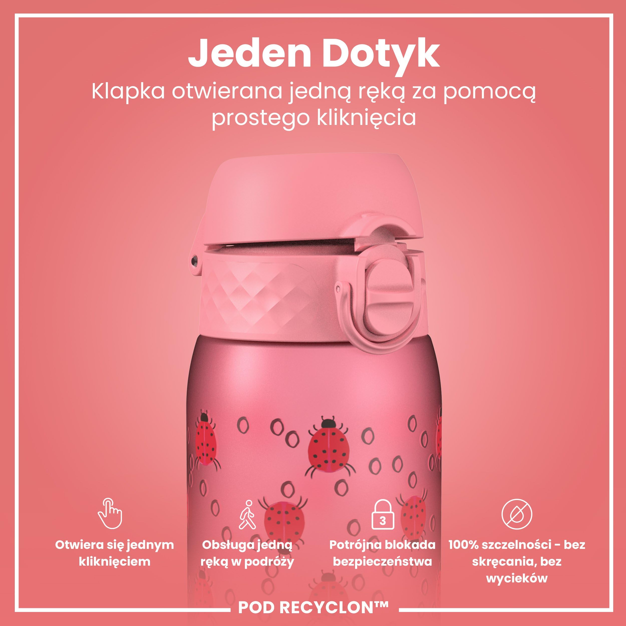 ION8 Butelka dla Dzieci, 350 ml/12 oz, Szczelna, Łatwa do Otwarcia, Bezpieczny Zamek, Można Myć w Zmywarce, Bez BPA, Uchwyt do Przenoszenia, Łatwa do Czyszczenia, Bezwonny, Biedronki